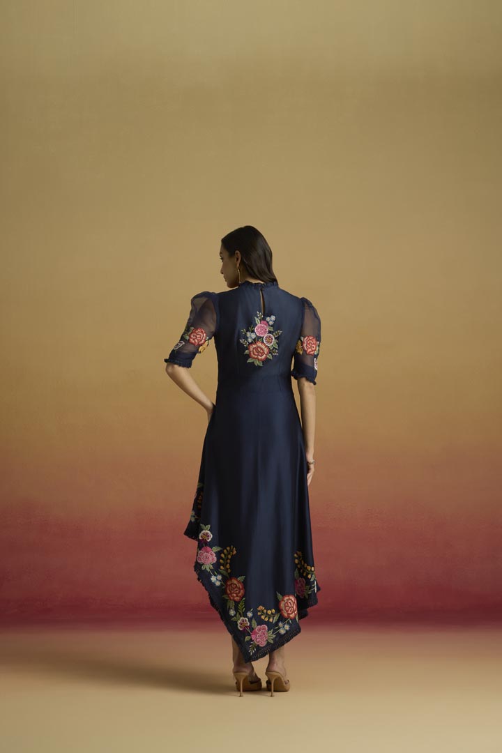 Indigo Floral Chanderi Asymmetric Dress for Luxury Evening Wear