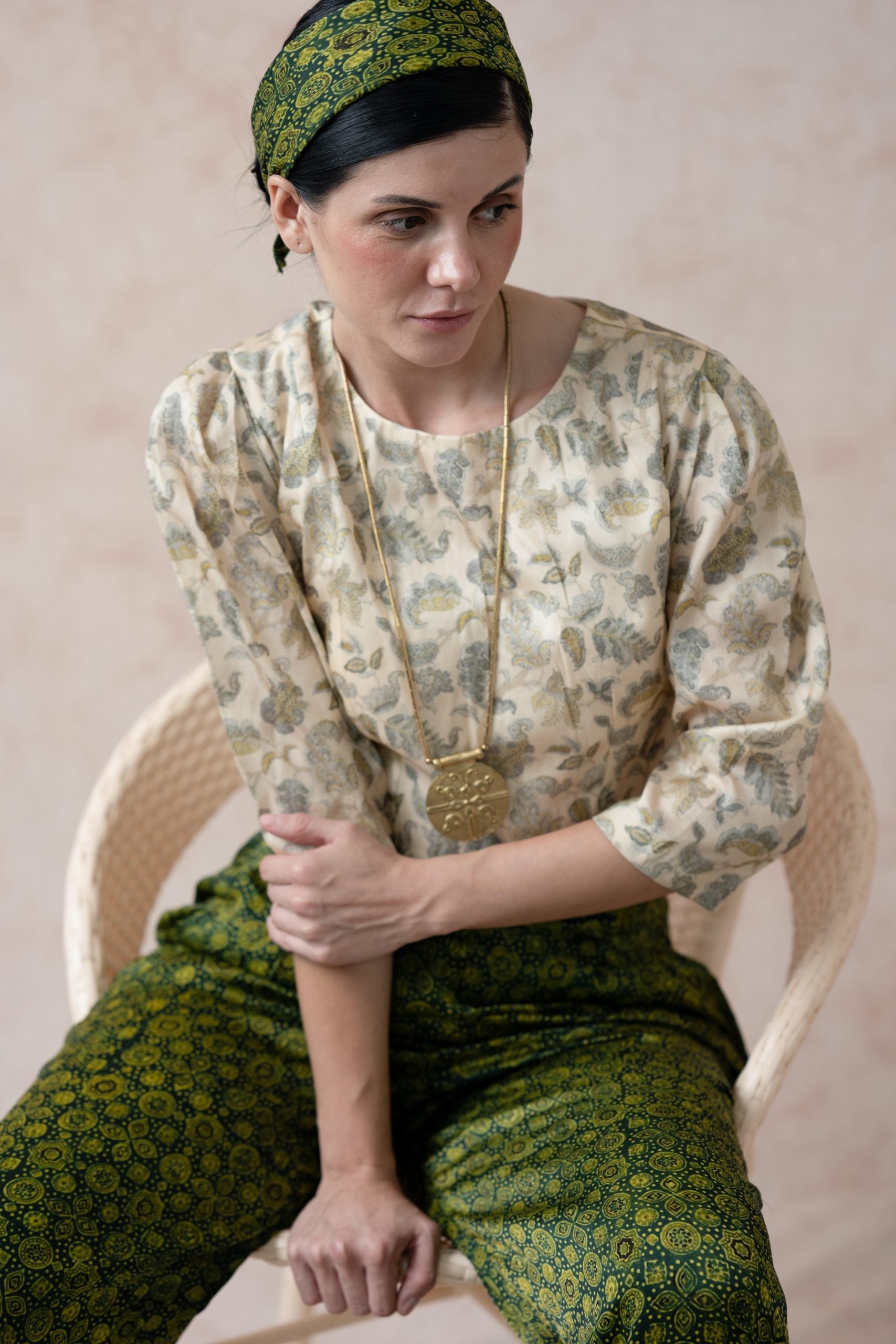 Green beige Crop top with forest green and mustard Ajrak print pleated pants