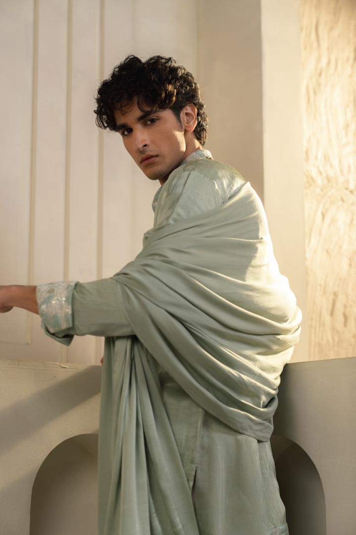 Mint Green Linen Silk Kurta Set with dupatta