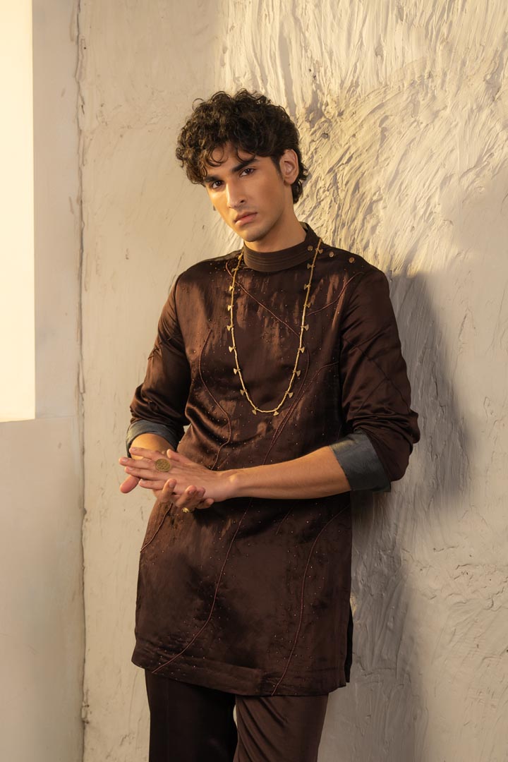 dark brown linen silk embroidered kurta set