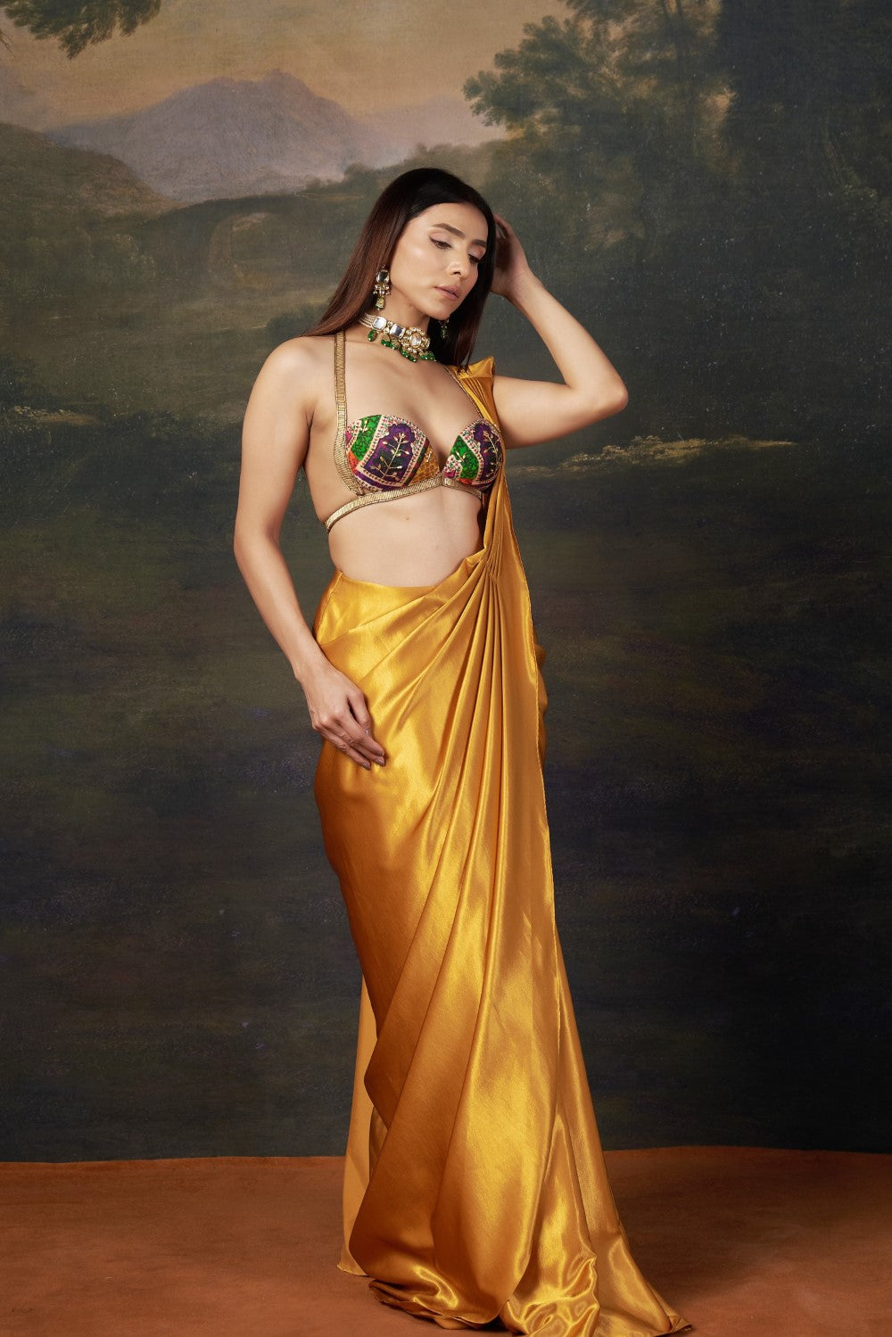 Bold Bralette Blouse with Hand-Embellished Liquid Gold Pre-Draped Saree