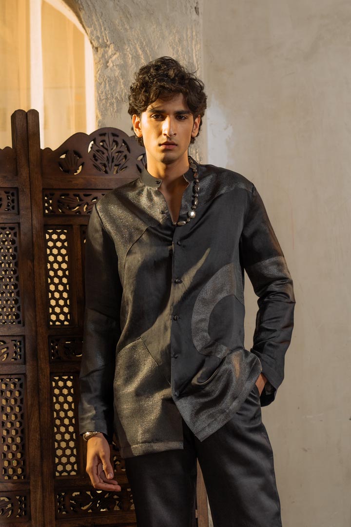 Charcoal gray kurta with Metallic patchwork and straight trousers.