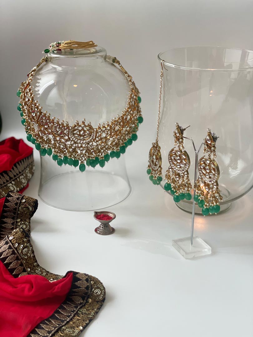 Pacchi Kundan Necklace Set with Green Beads