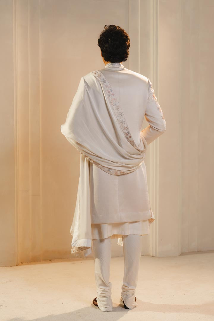 Ivory silk hand painted and hand embroidered sherwani set