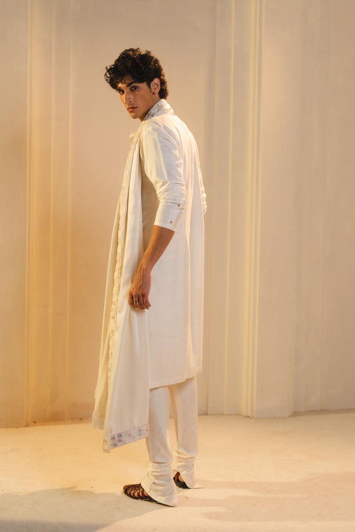 Ivory silk hand painted and hand embroidered kurta set
