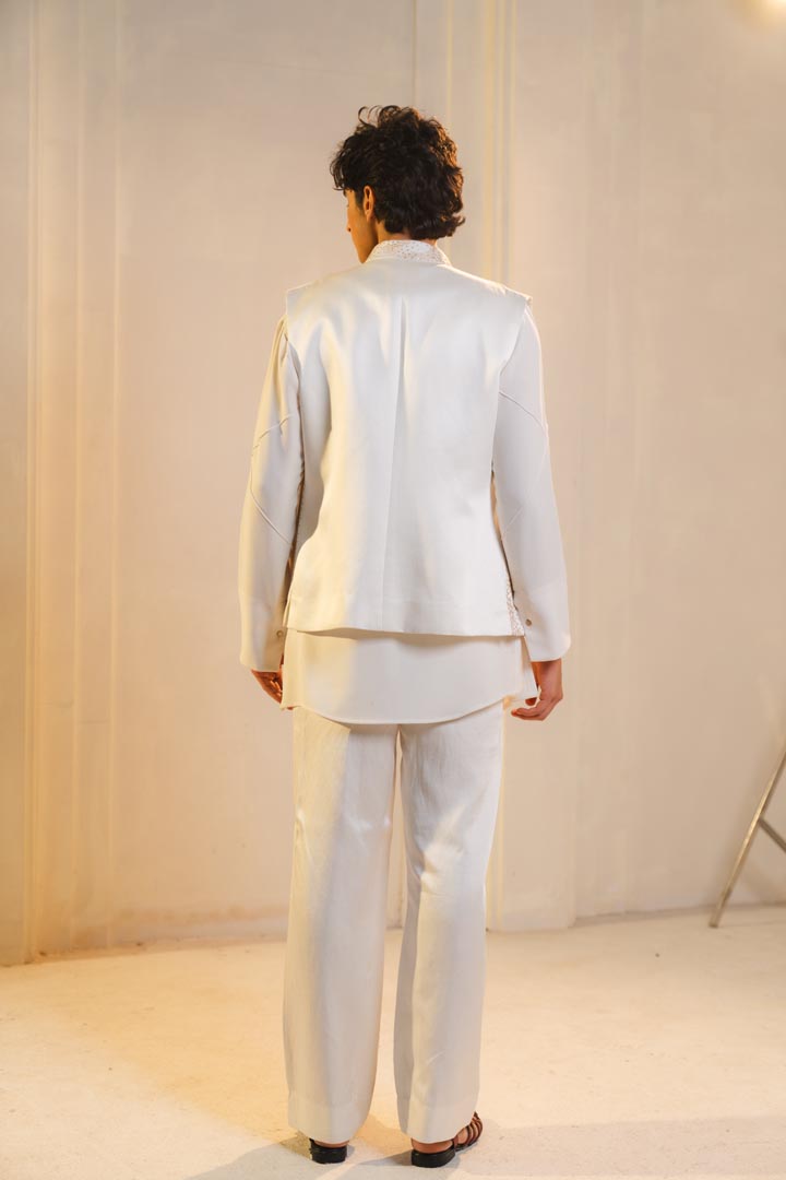 ivory hand embroidered nehru jacket set