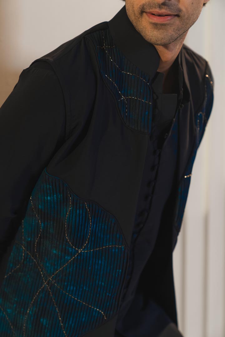 Midnight blue handpaint painted nehru jacket set
