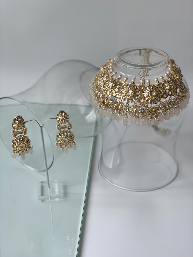 Gold Finish Kundan Necklace Set with Blush Pink Drops