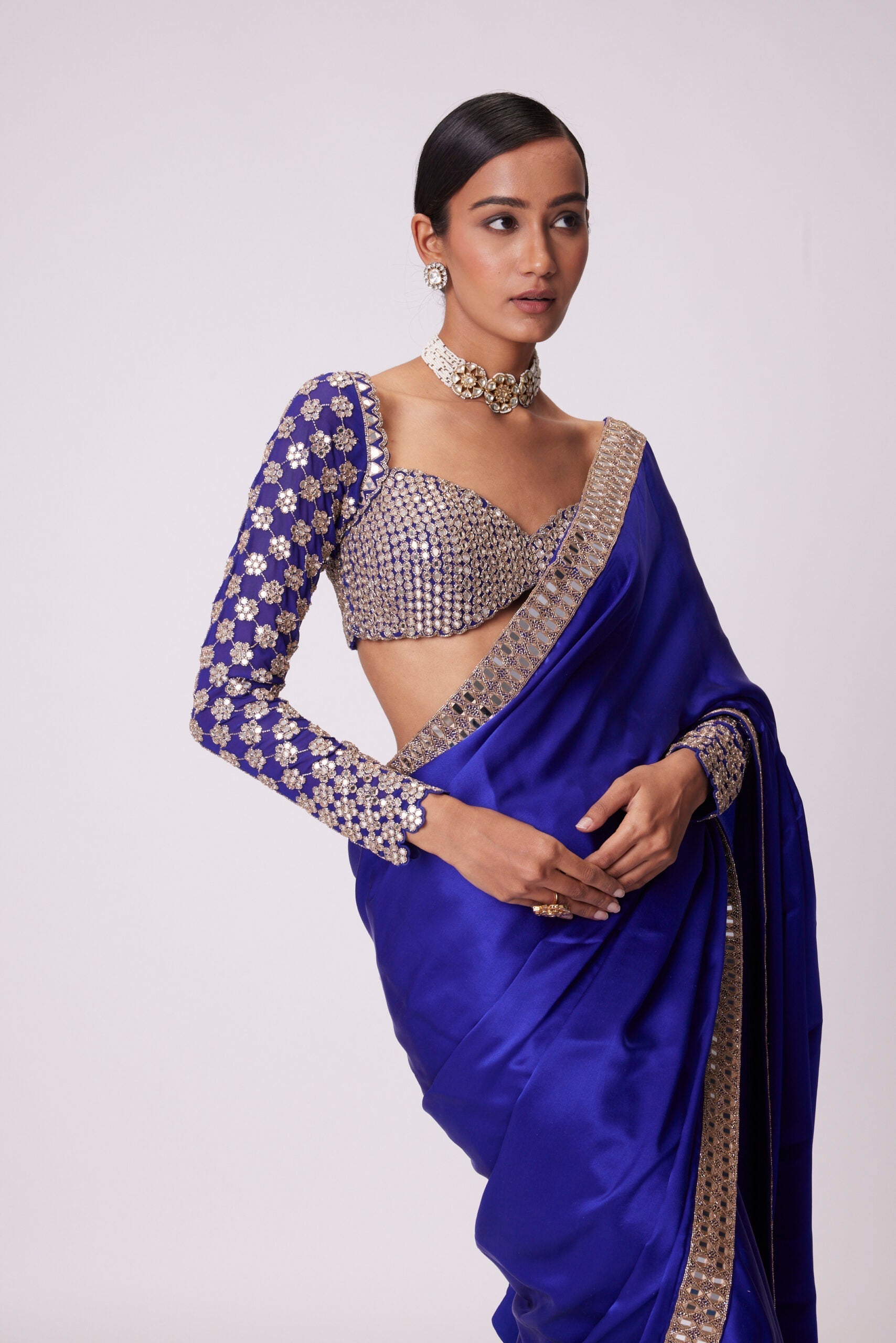 Image of PERSIAN  BLUE SATIN SAREE SET