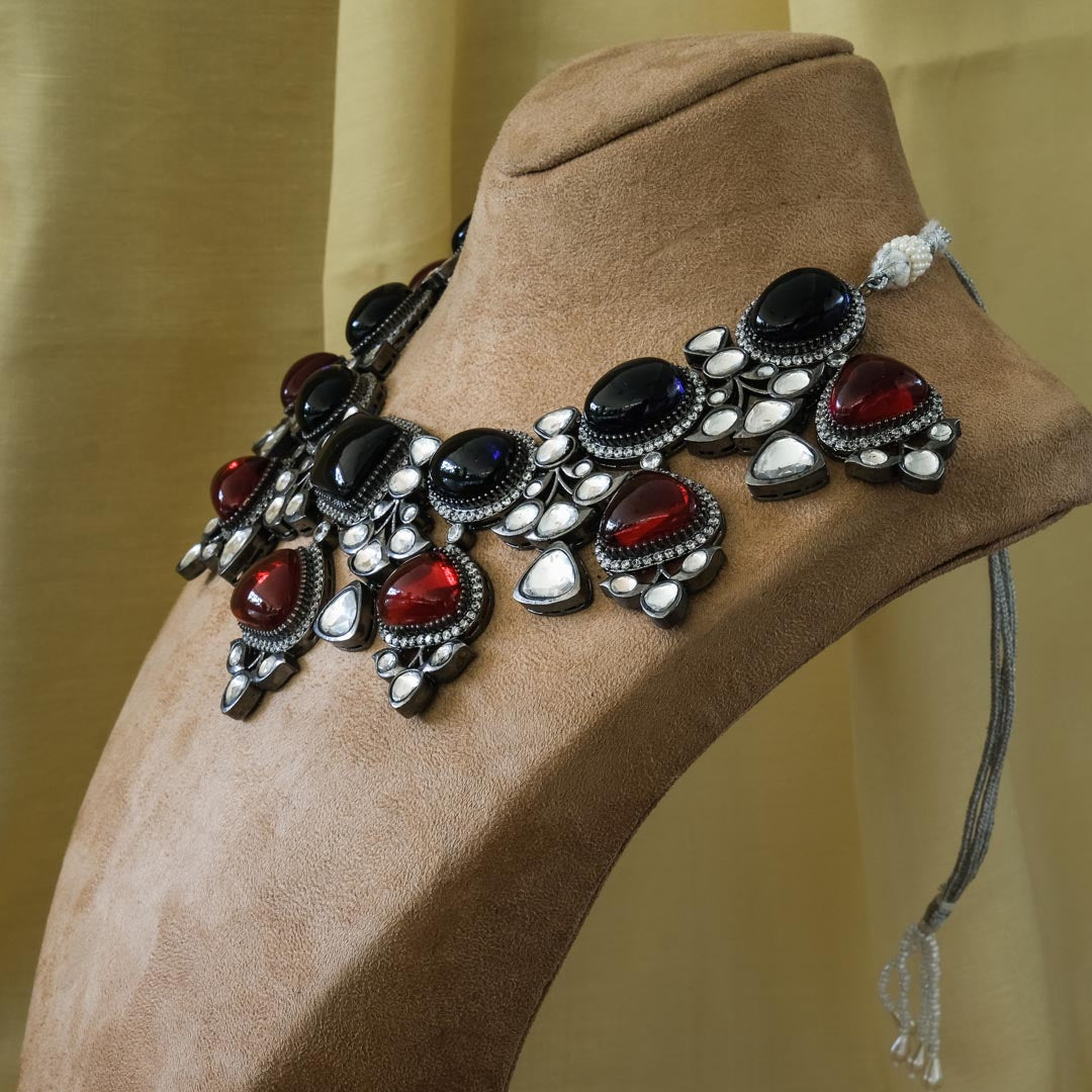 Chunky Red and Blue Stone Black Plated Exquisite Kundan Necklace Set
