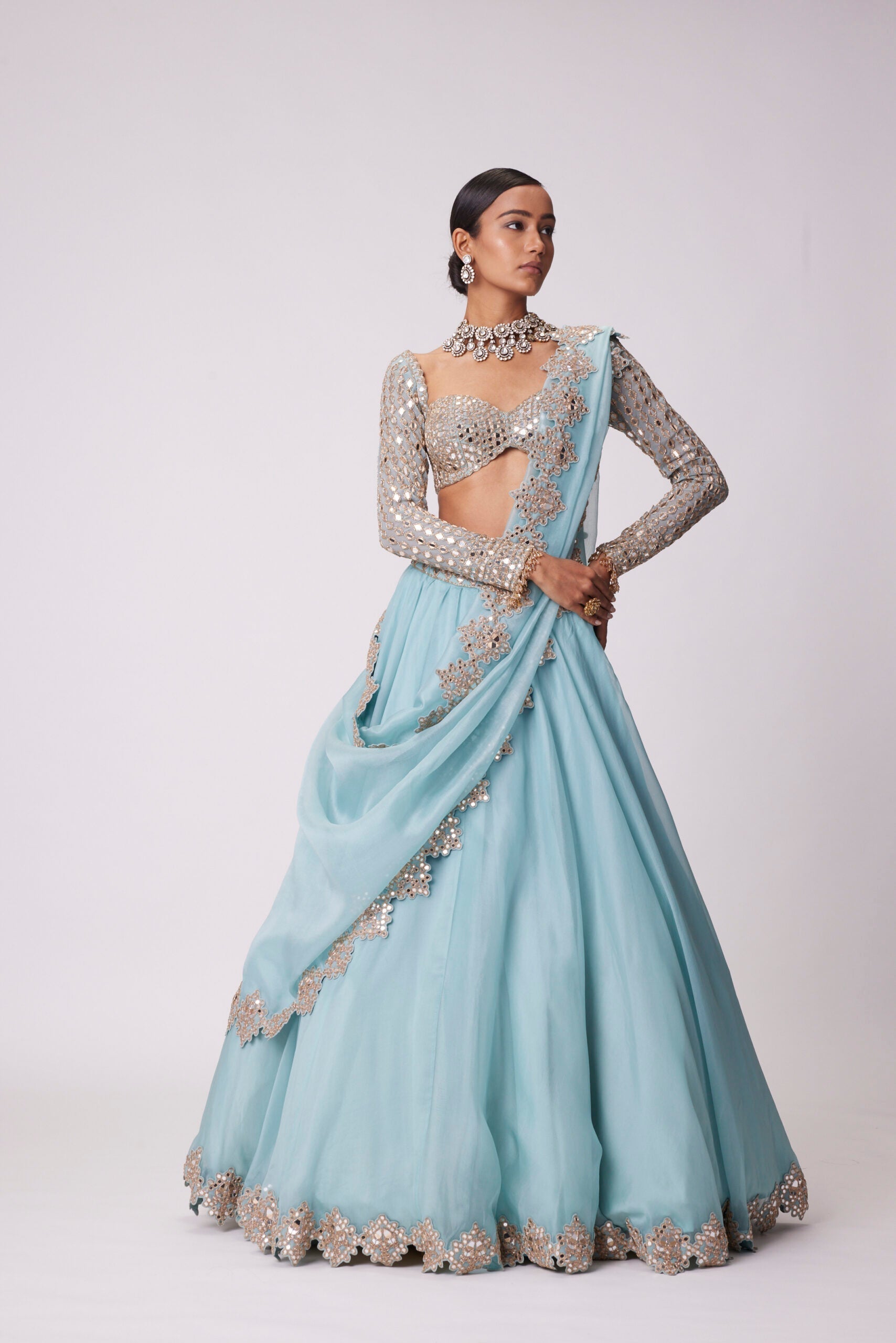 Image of POWDER BLUE ORGANZA MIRROR EMBROIDERED LEHENGA SET