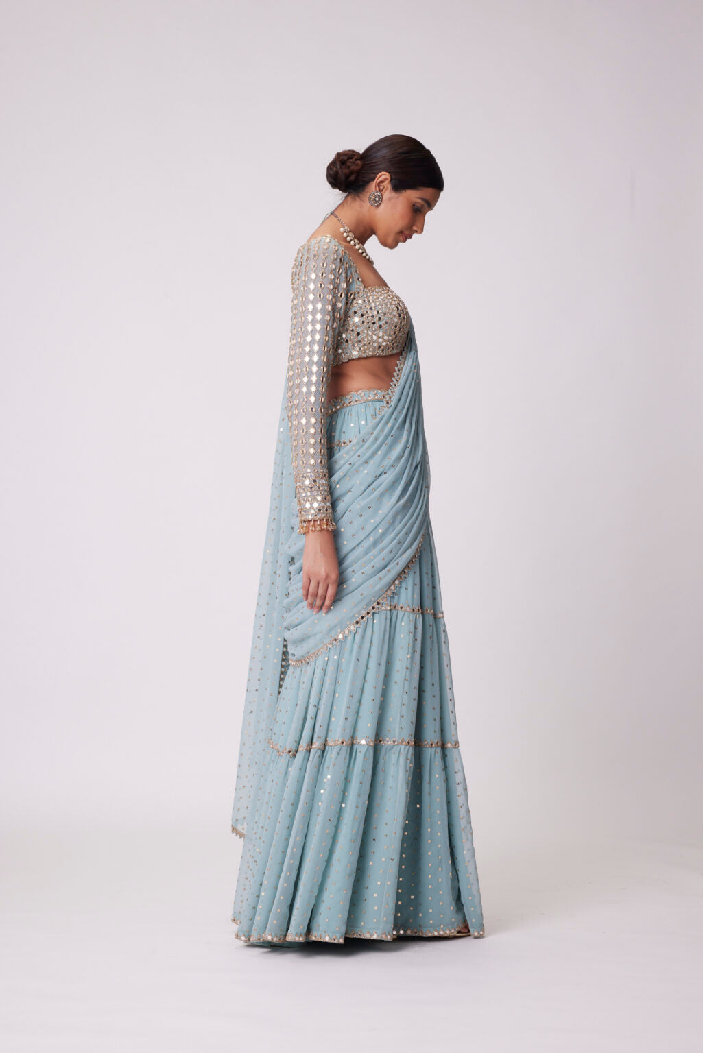 Image of POWDER BLUE MULTI TIER HAND EMBROIDERED SAREE SET