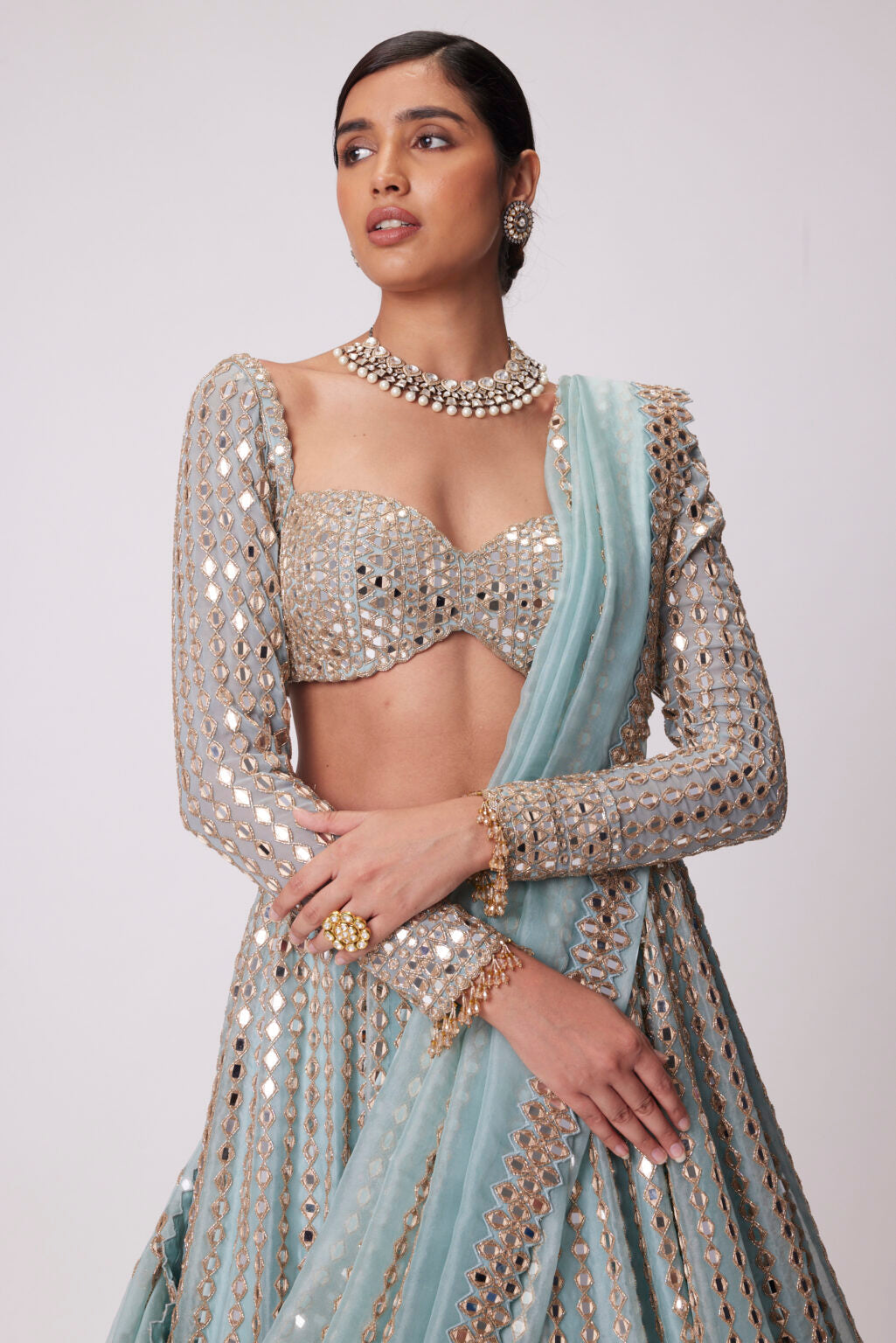 Image of POWDER BLUE LINEAR EMBROIDERED LEHENGA SET