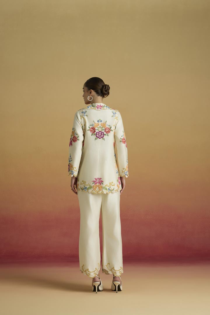 Ivory Floral Threadwork and Beadwork Flared Chanderi Jacket