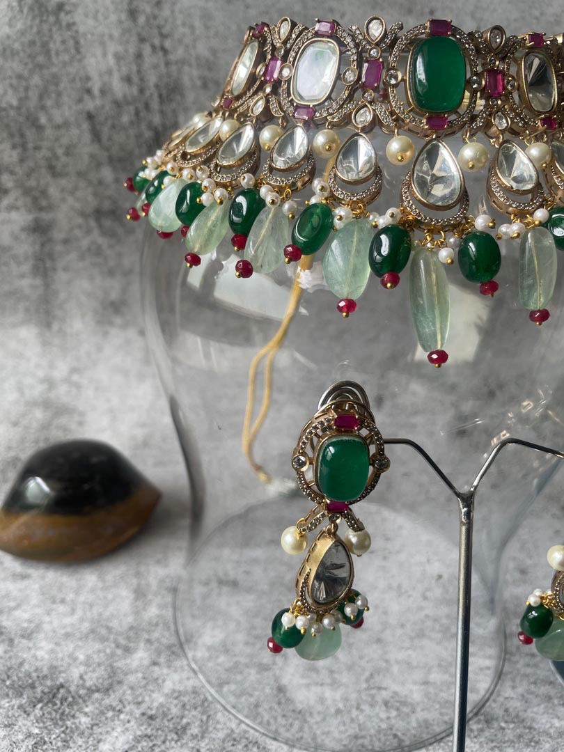 Kundan Necklace Set with the perfect Red and Green Stone Combo, accentuated with Pearls