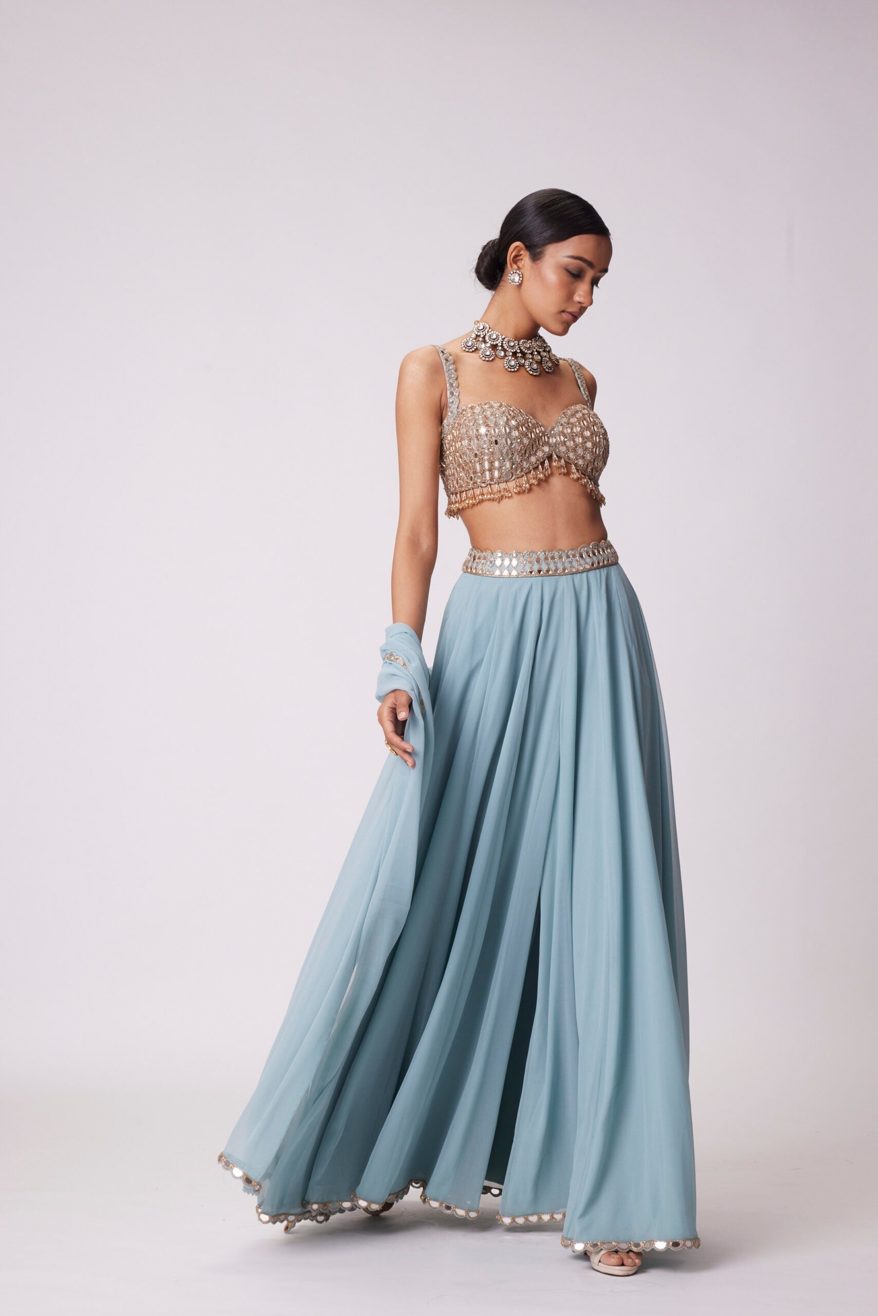 Image of POWDER BLUE MIRROR EMBROIDERED LEHENGA PANTS SET