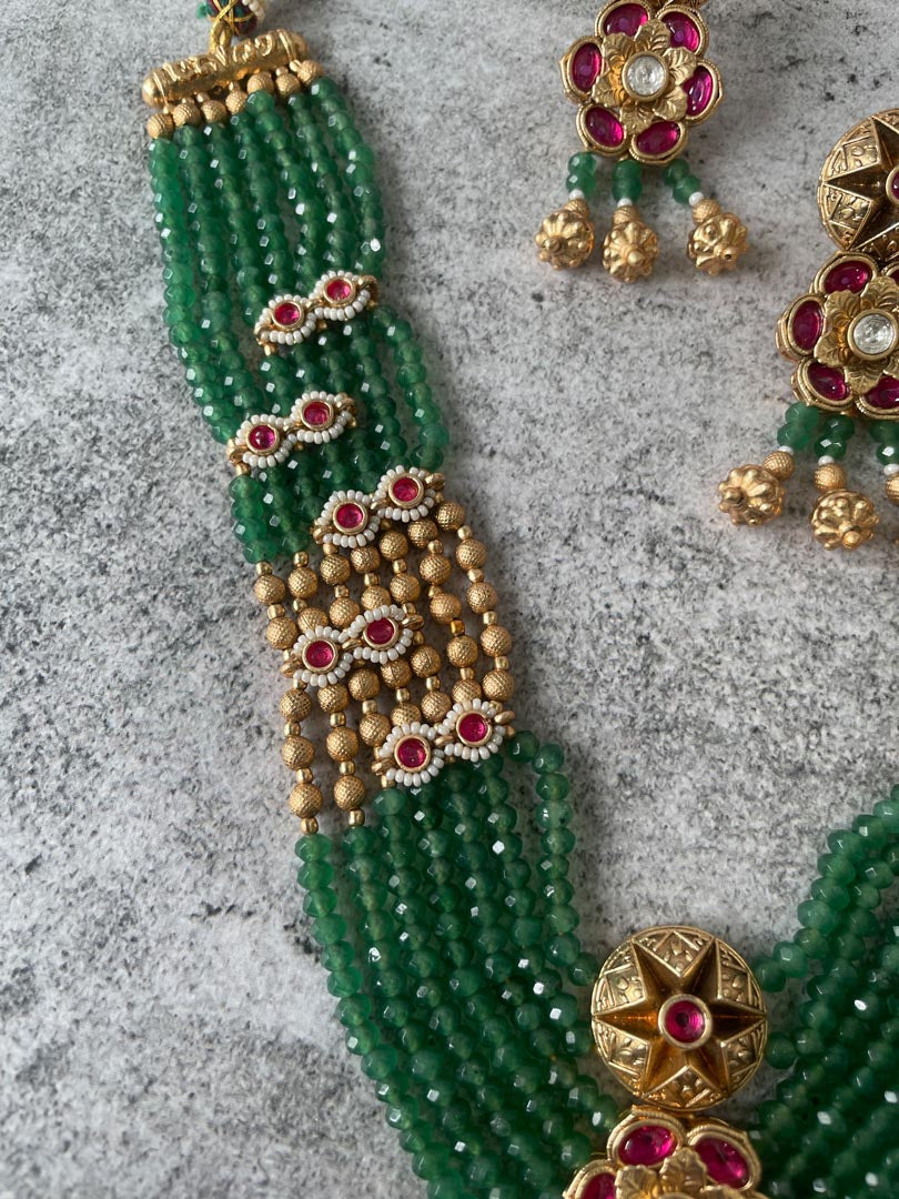 Matte Gold Finish Temple Style Long Beaded Necklace Set