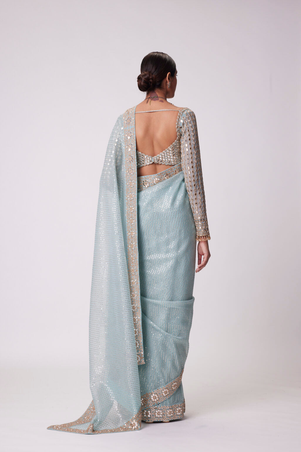 Image of POWDER BLUE ORGANZA SAREE SET