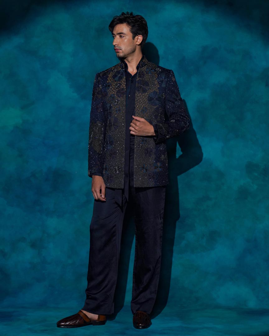 Midnight Blue Hand embroidered short jacket set
