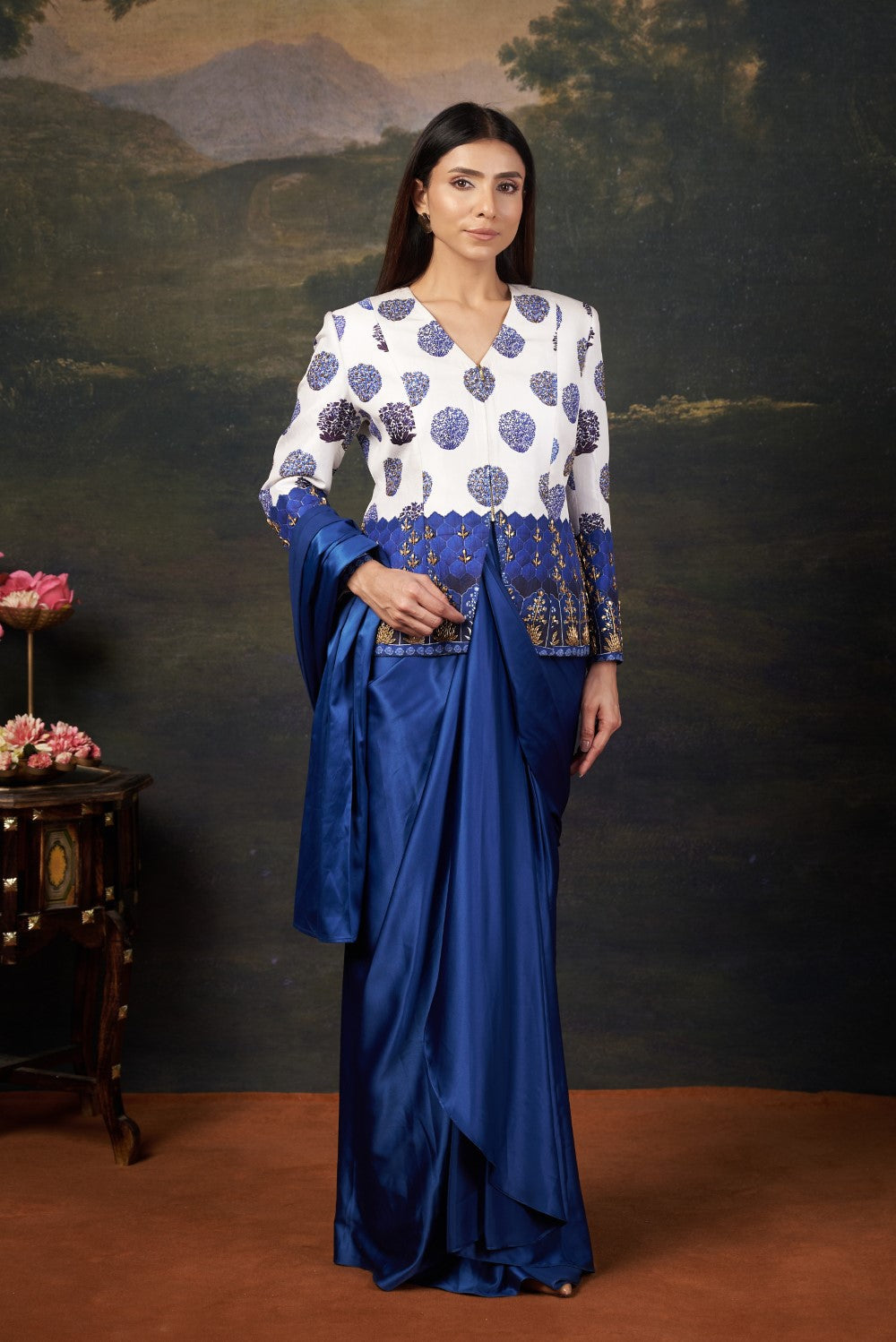 Hand Embroidered Coat with Pre-Draped Saree