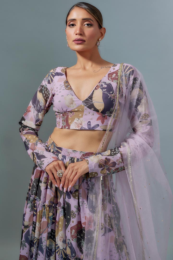 Lilac Georgette Digital Printed Lehenga Set