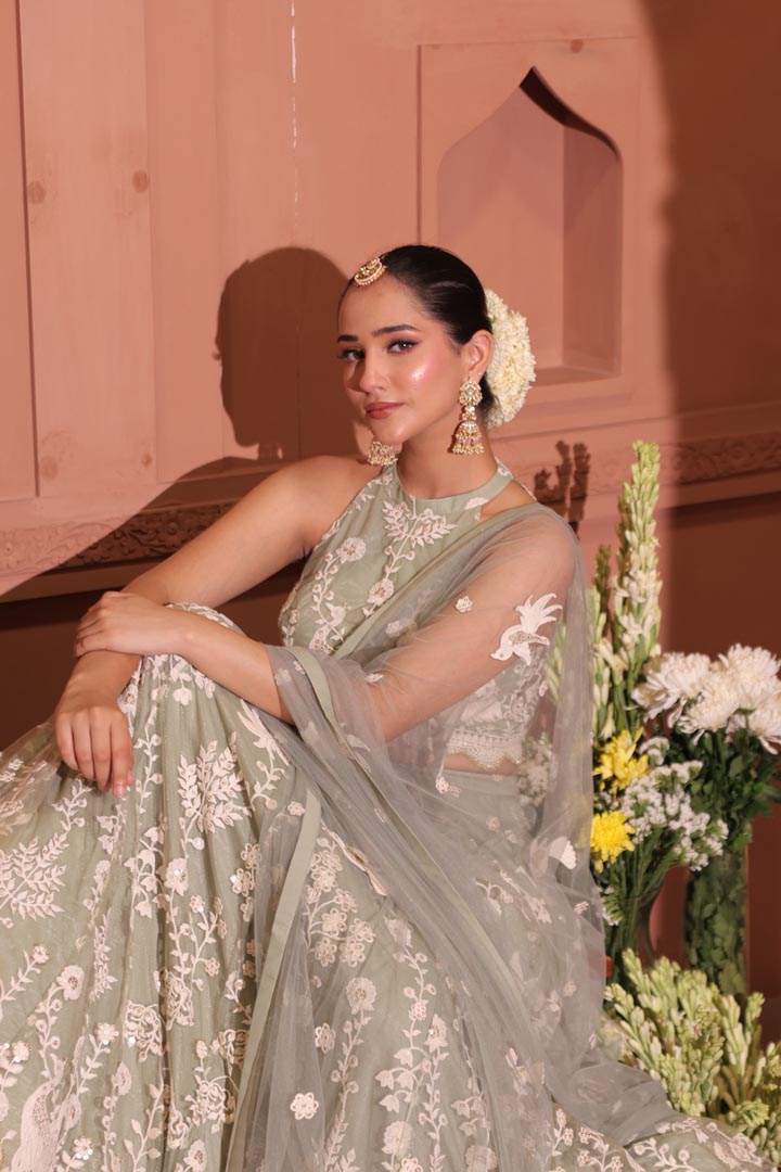 Sage Serenity Embroidered Peacock Lehenga Set
