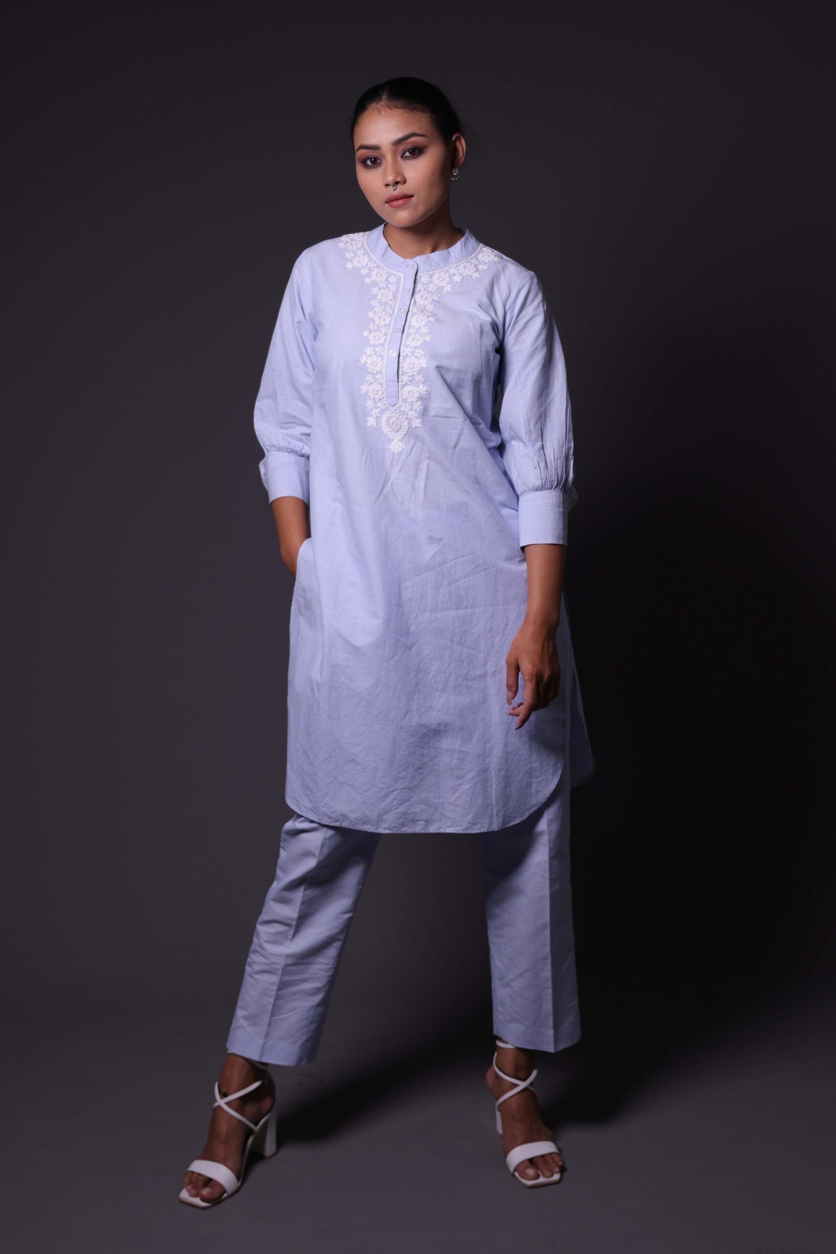 Blue and White Stripes Print Kurta with Palazzo