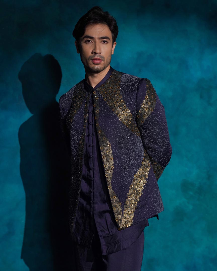 Twilight Blue hand embroidered sequence short jacket set