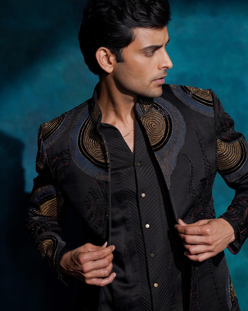 Black hand embroidered open bandhgala set