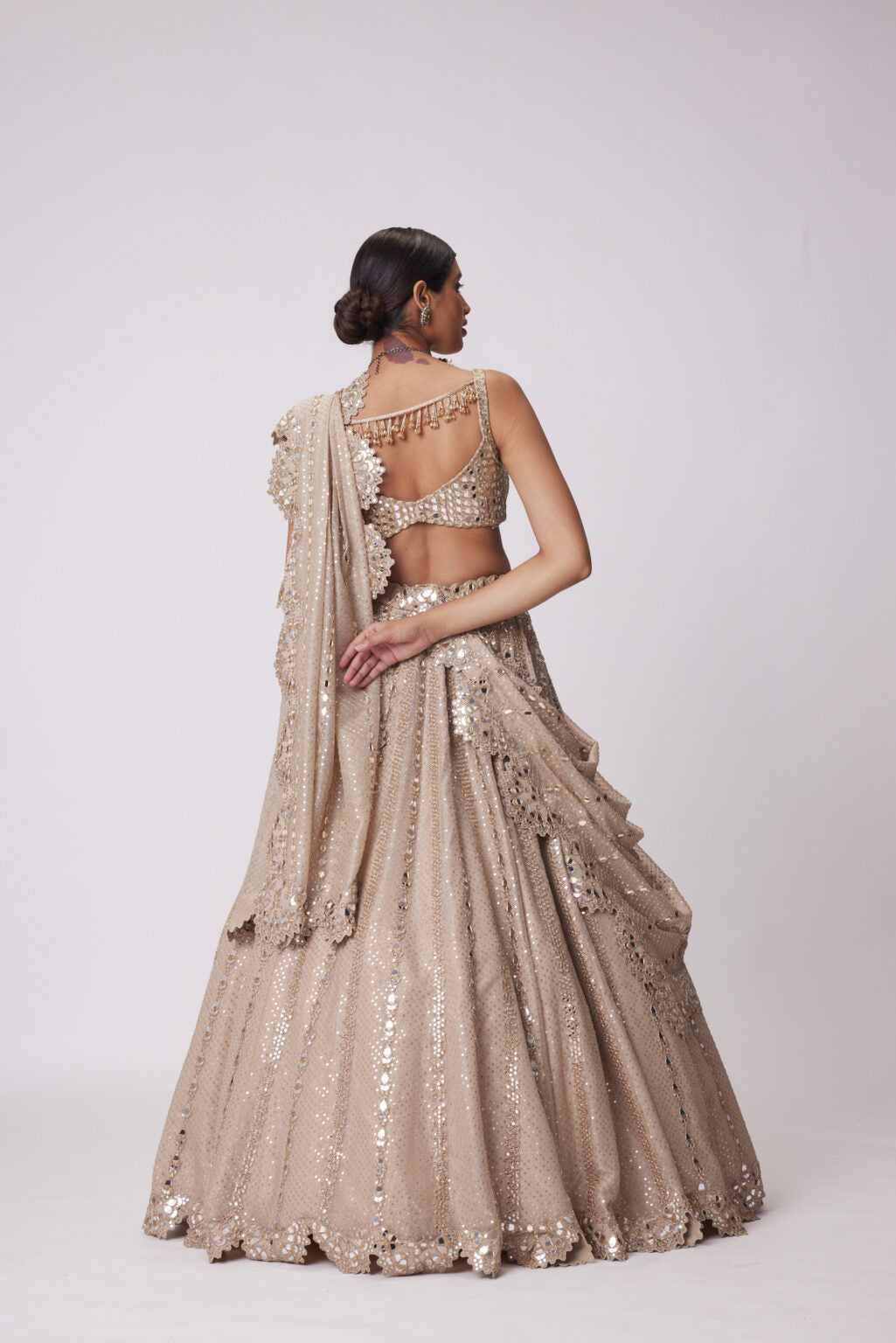 Image of LIGHT BEIGE SEQUIN EMBROIDERED LEHENGA SET