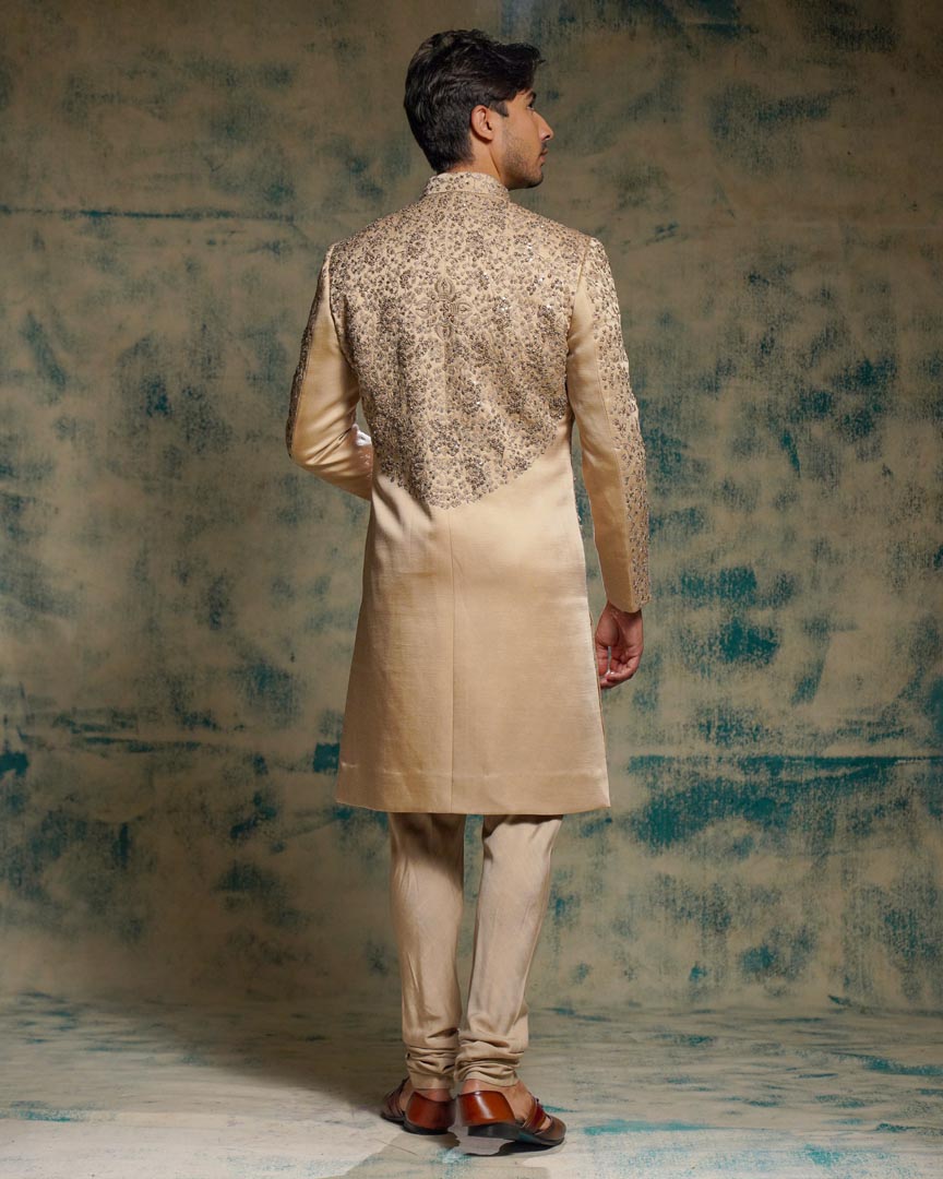 Sand Grey Linen Silk Embriodered Sherwani Set
