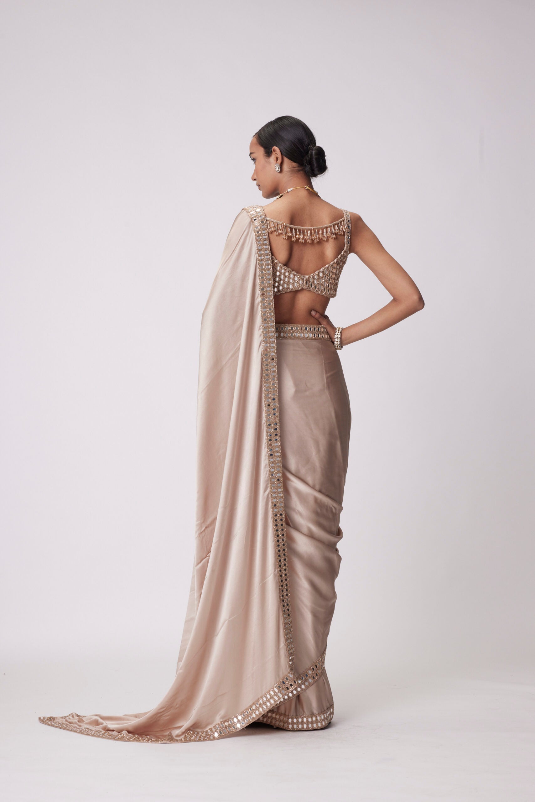 Image of LIGHT BEIGE SATIN SAREE SET