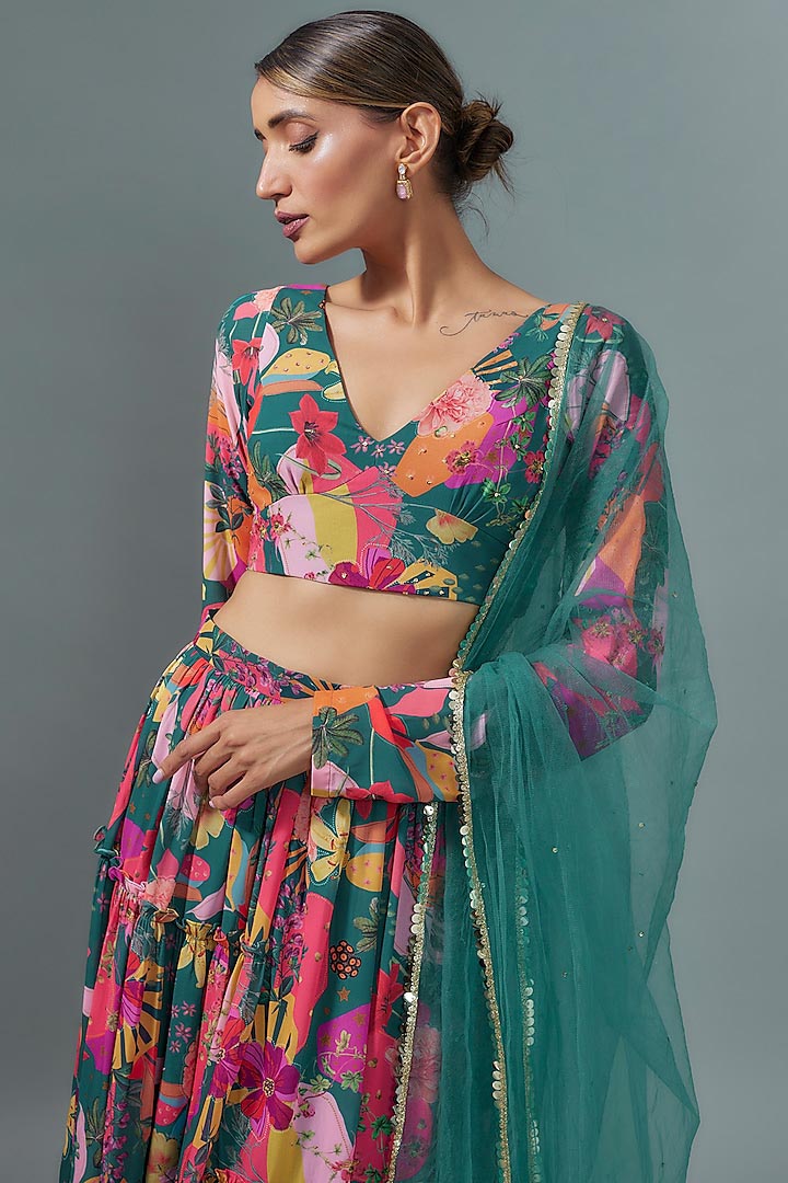 Teal Georgette Digital Printed Lehenga Set