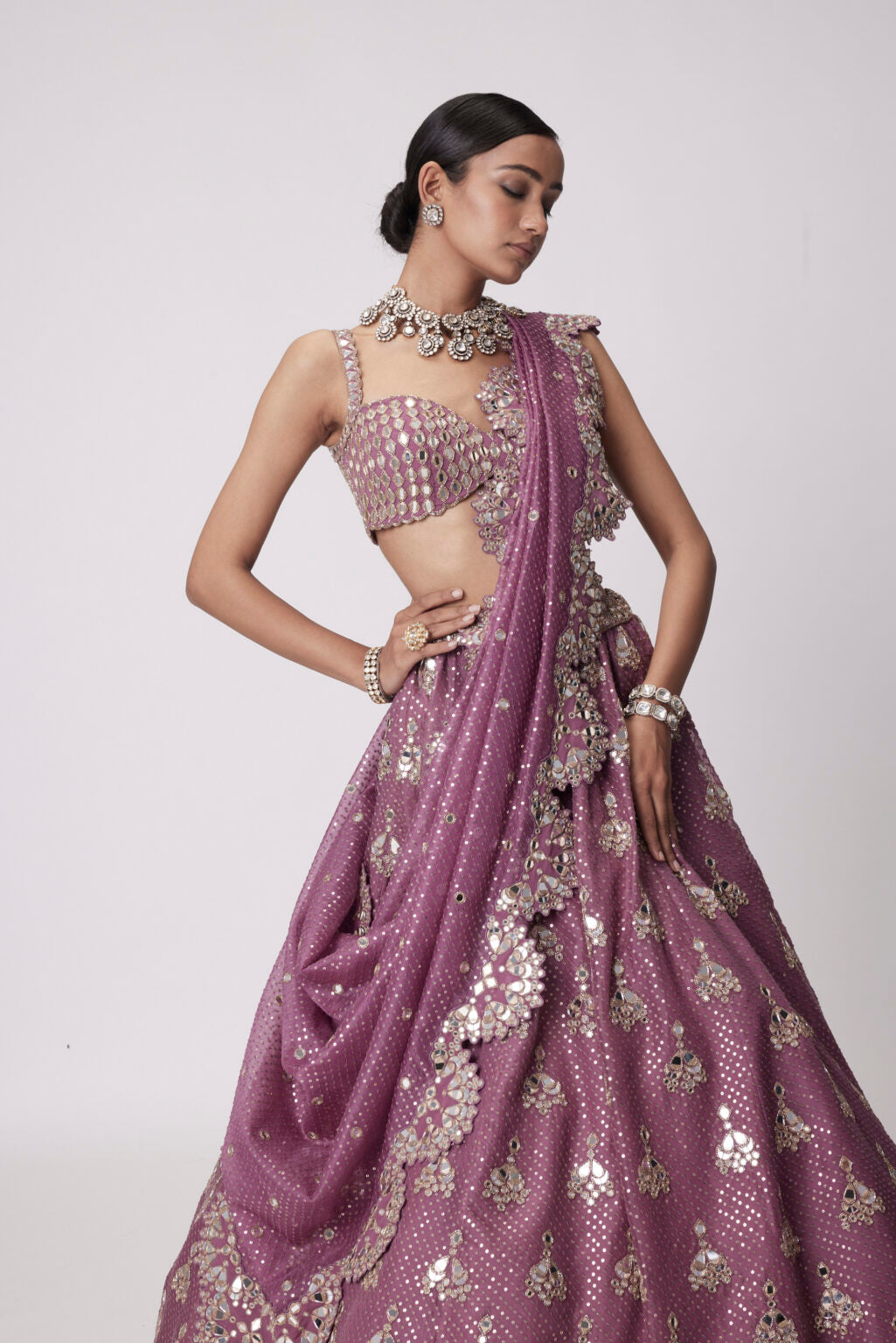 Image of MUD  MAUVE SEQUIN EMBROIDERED LEHENGA SET