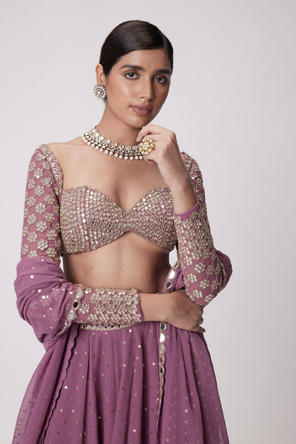 Image of MUD  MAUVE MIRROR EMBROIDERED LEHENGA PANTS SET