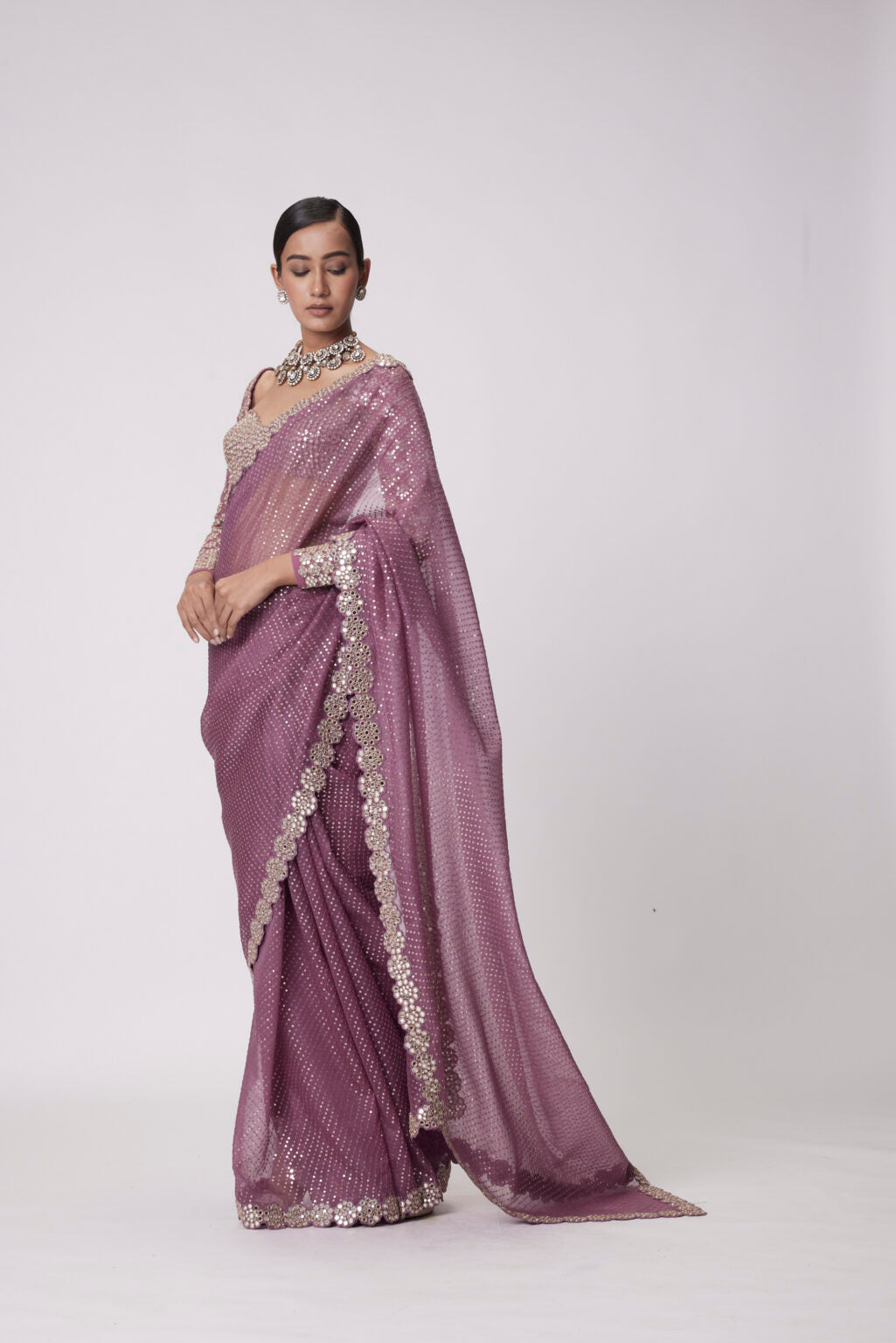 Image of MUD  MAUVE HAND EMBROIDERED ORGANZA SAREE SET