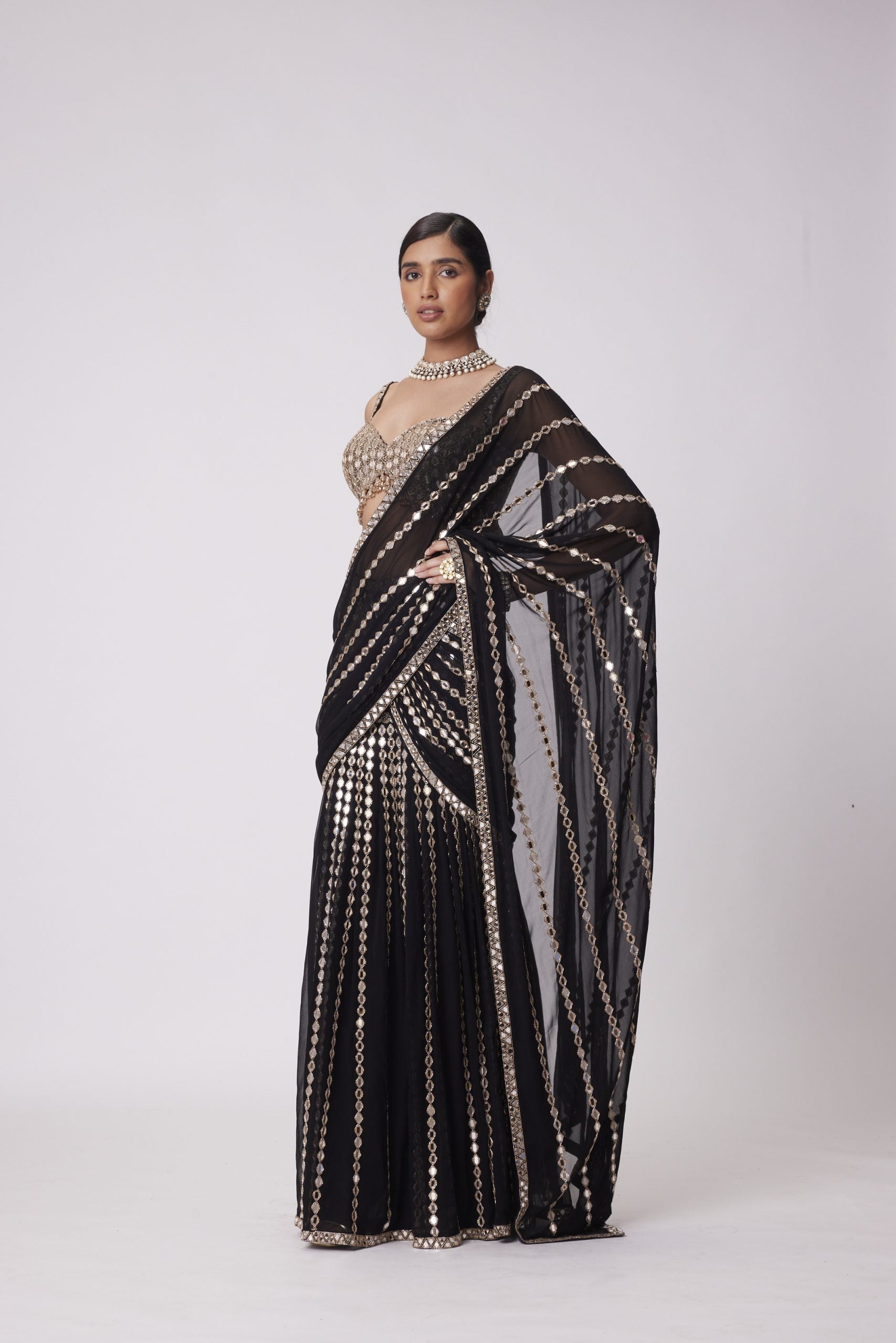 Image of BLACK PRE DRAPED SAREE SET