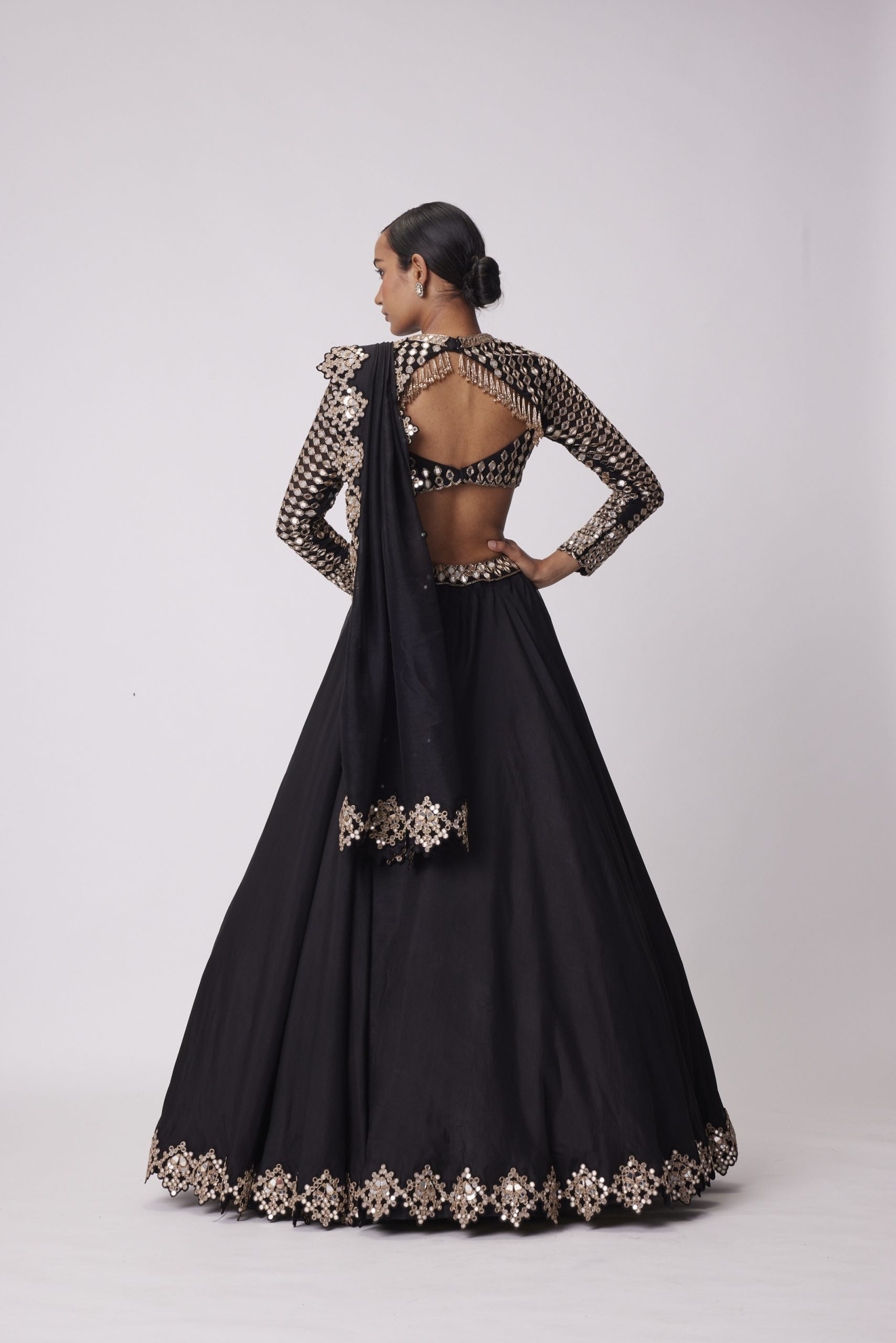 Image of BLACK ORGANZA MIRROR EMBROIDERED LEHENGA SET