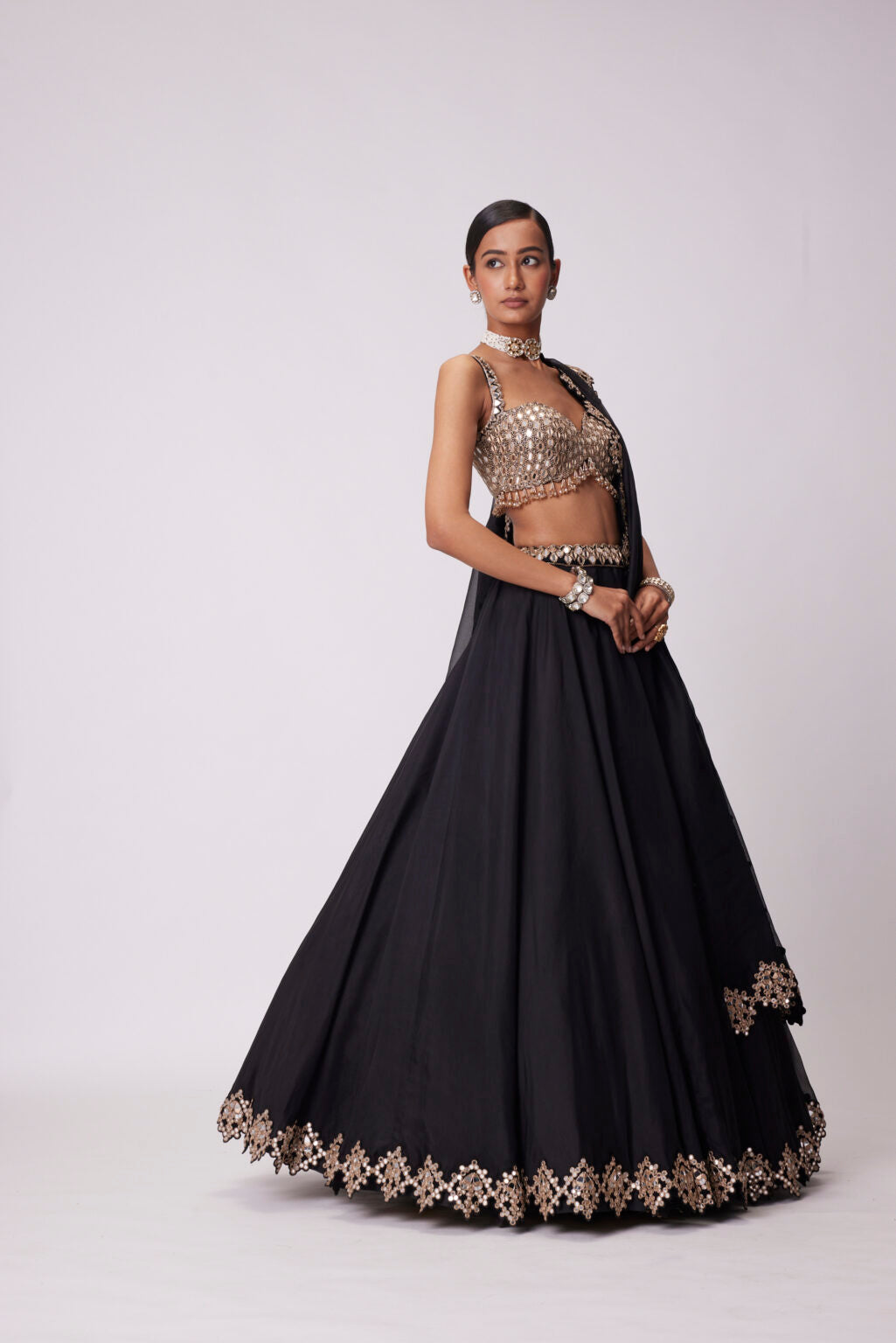 Image of BLACK ORGANZA LEHENGA SET