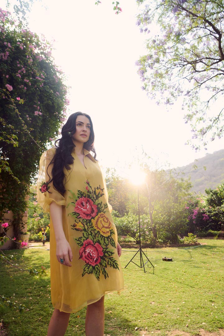 MUSTARD ORGANZA CROSS STITCH DRESS