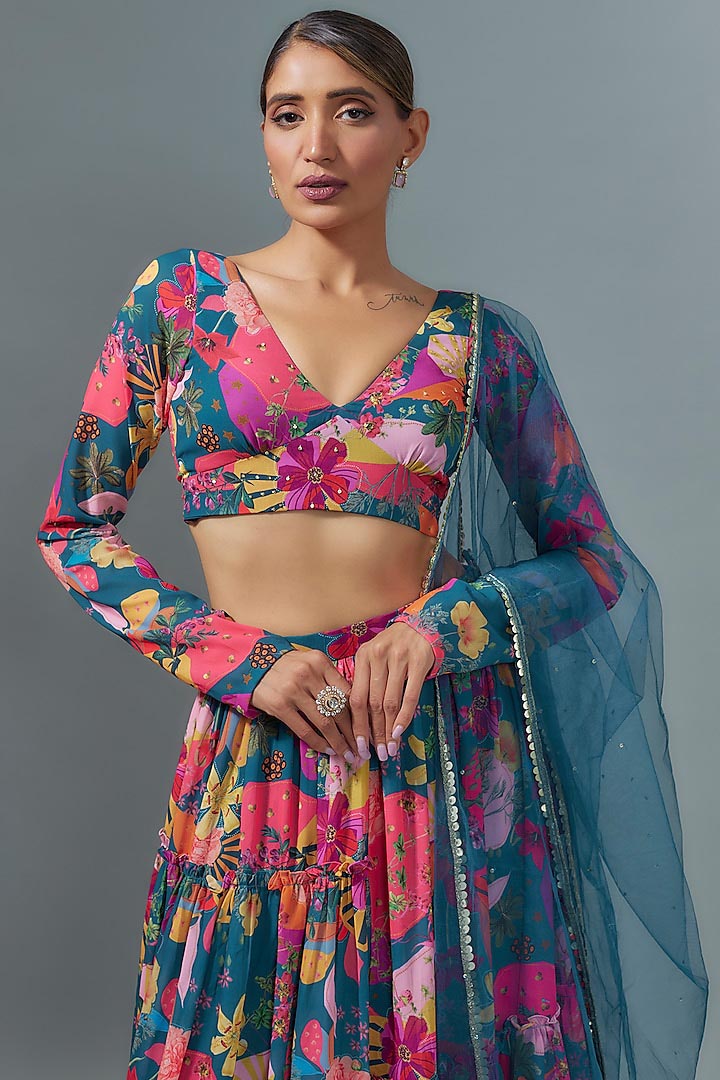 Rama Blue Georgette Digital Printed Lehenga Set