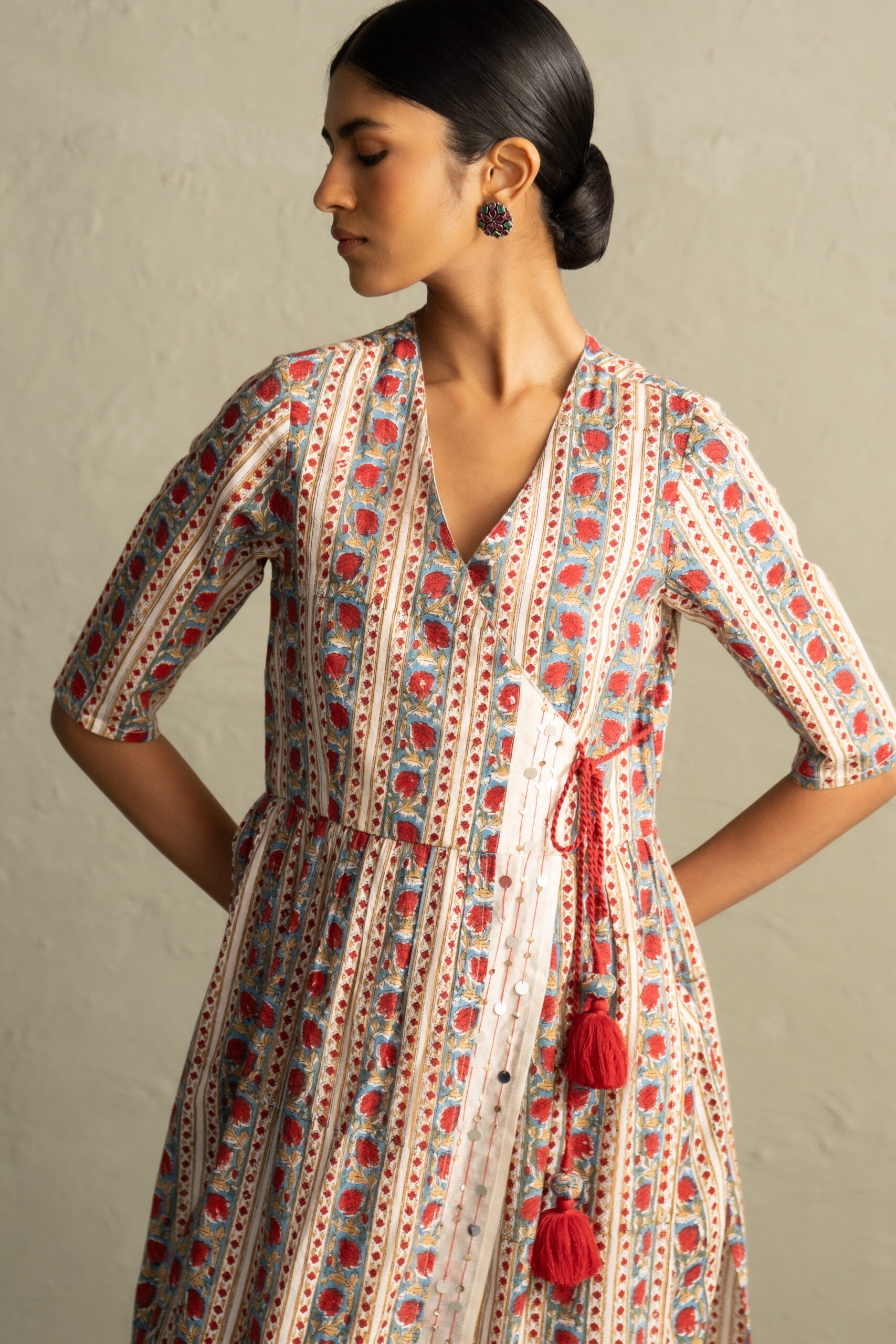 Cream Phool Dori Hand Block Angrakha Straight Kurta Set