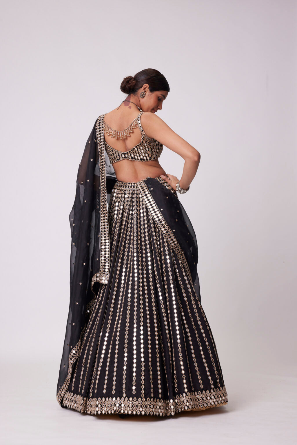 Image of BLACK LINEAR MIRROR EMBROIDERED LEHENGA SET