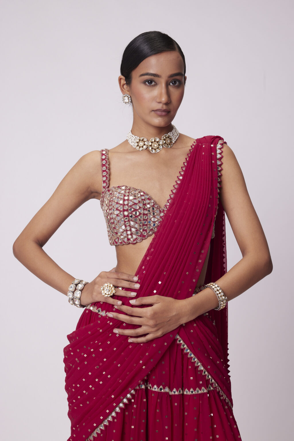 Image of CRIMSON RED MULTI- TIER SEQUIN EMBROIDERED SAREE SET