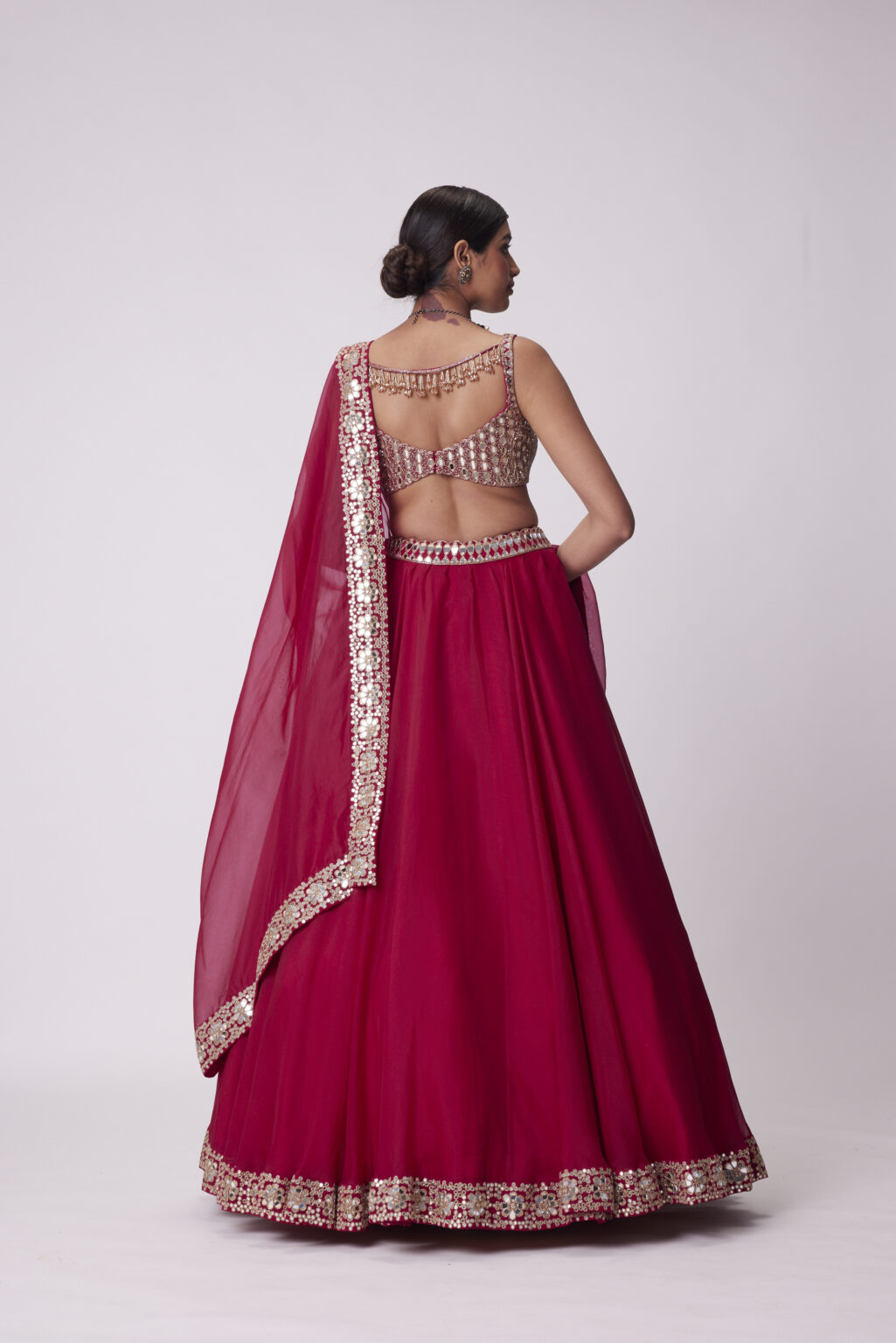 Image of CRIMSON RED ORGANZA HAND EMBROIDERED LEHENGA SET