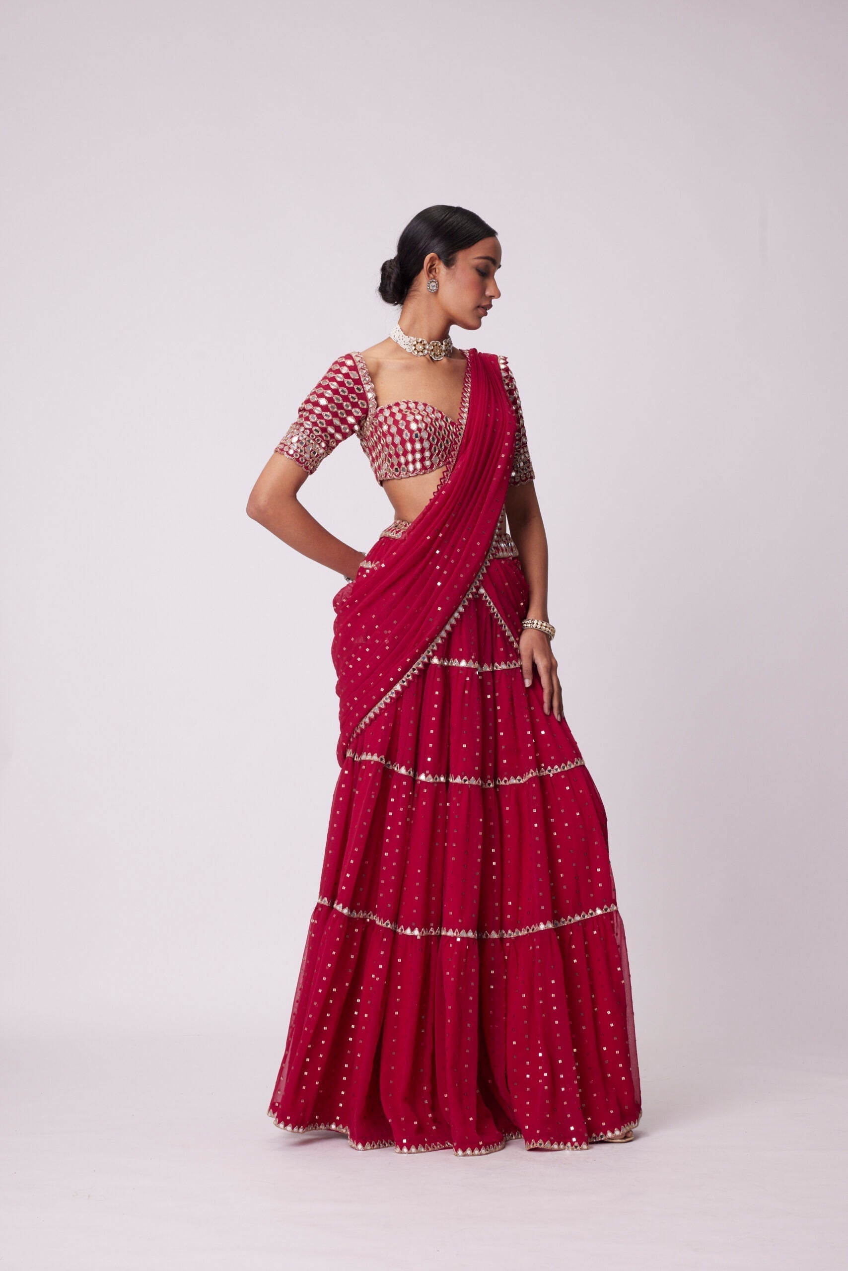 Image of CRIMSON RED MULTI- TIER SAREE SET