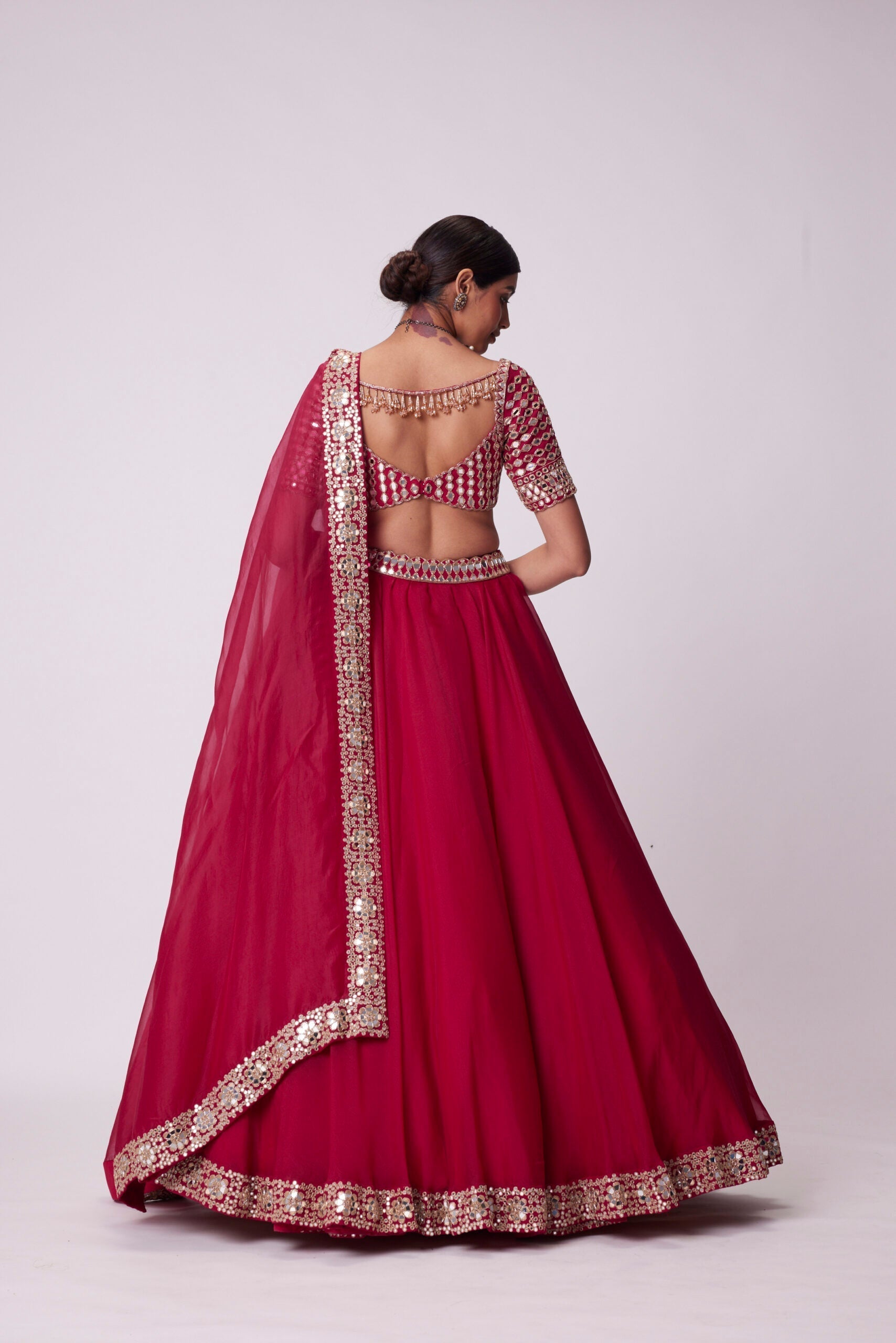 Image of CRIMSON RED ORGANZA MIRROR LEHENGA SET