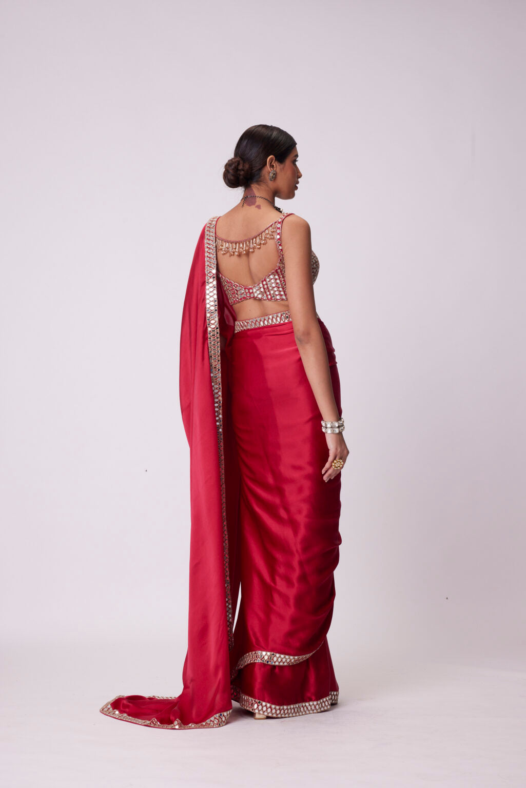 Image of CRIMSON RED SATIN SAREE SET