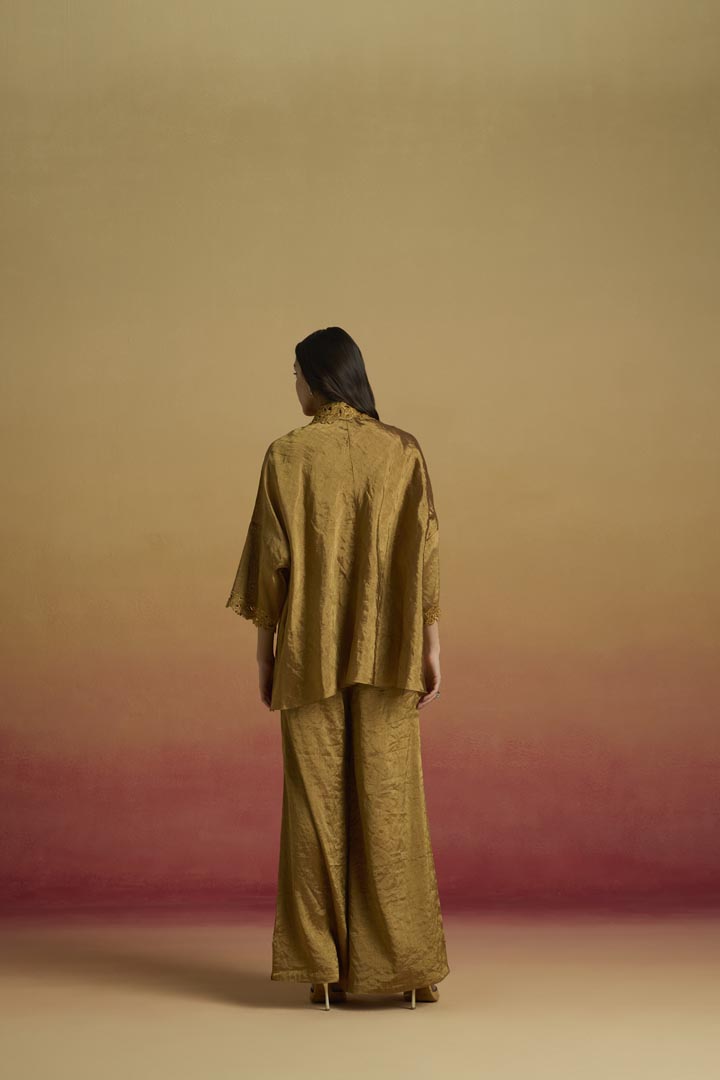 Gold Tissue Smocked Shirt - Crystal Beaded Luxury Evening Wear