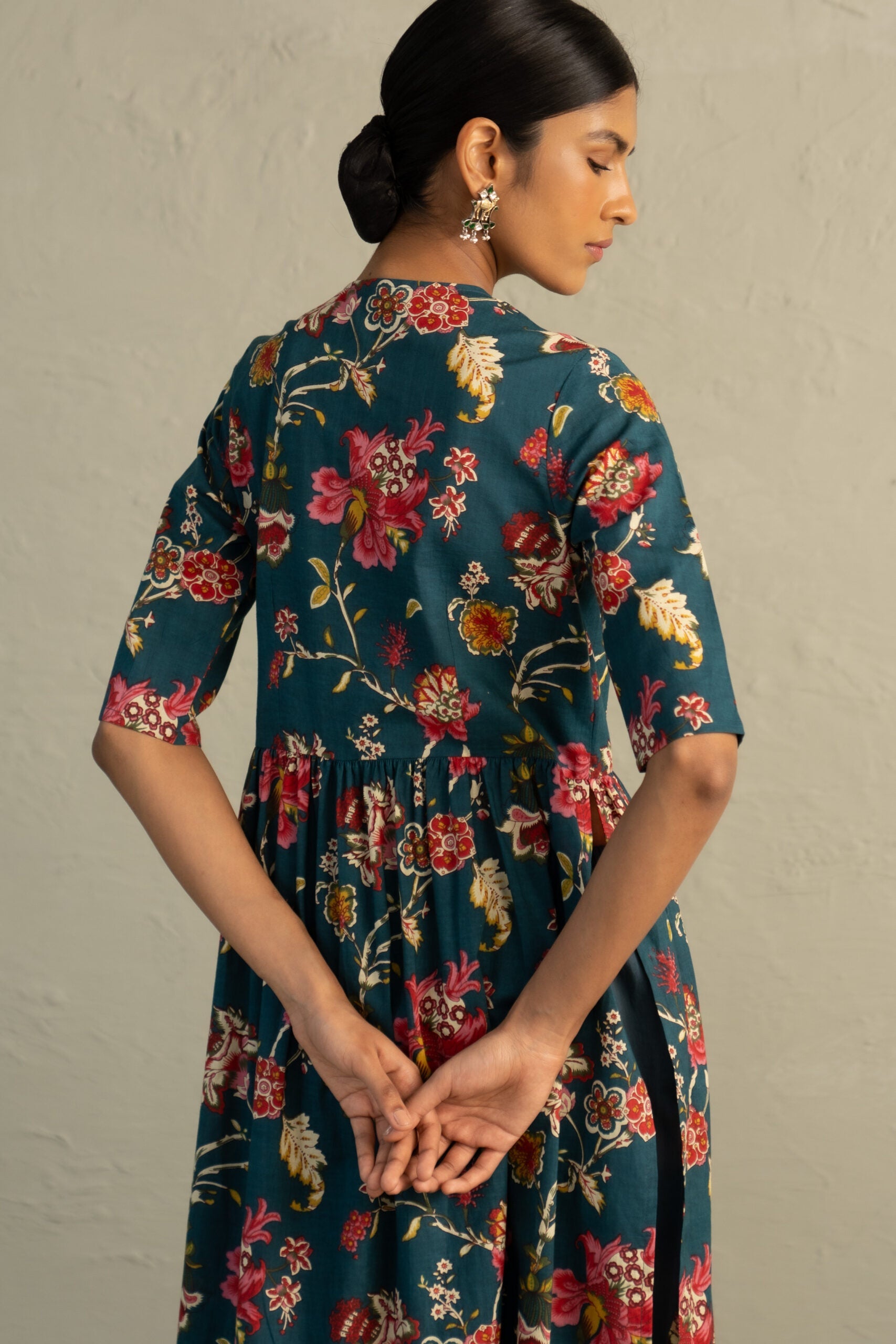 Teal Phool Dori Angrakha Straight Kurta Set